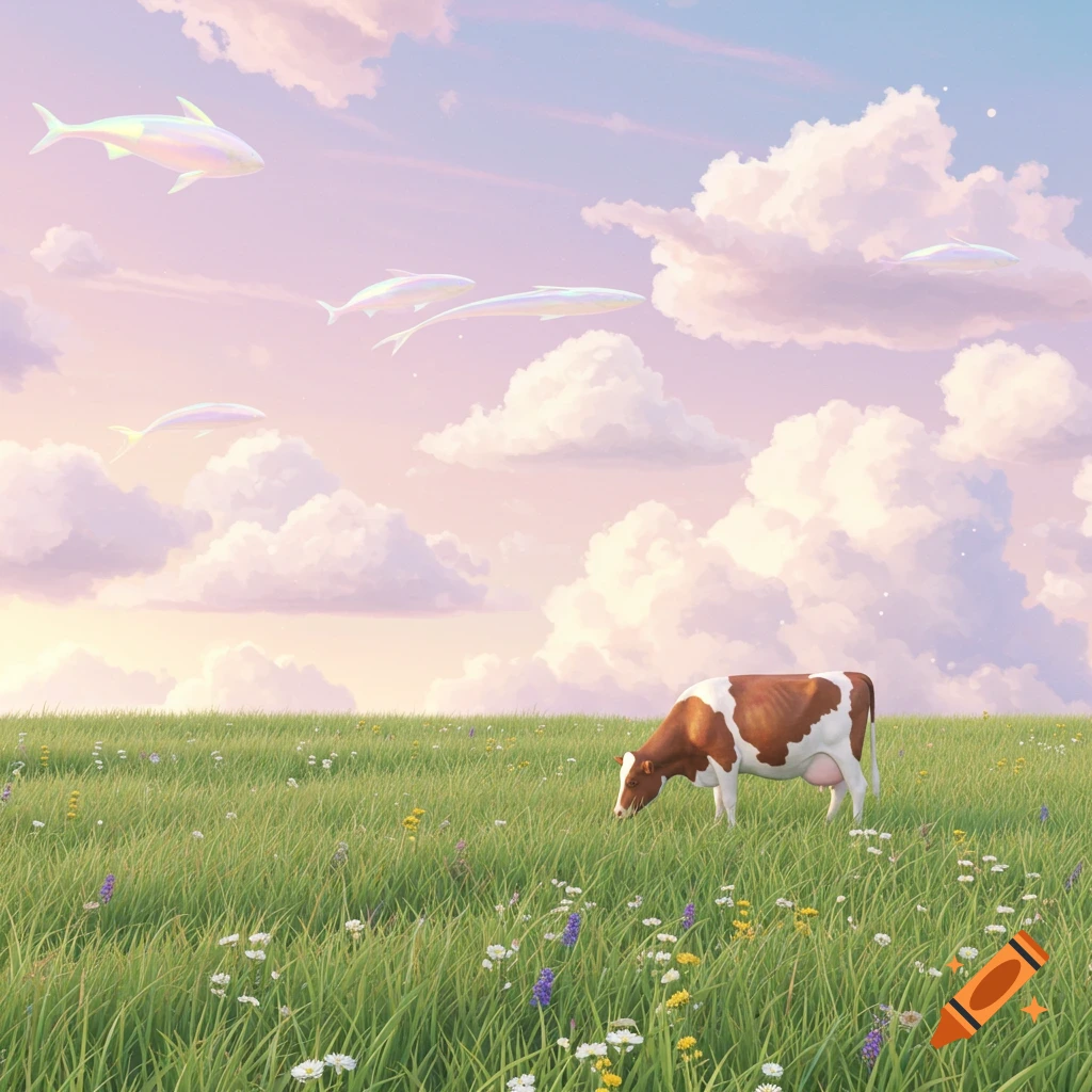 A brown and white cow grazes in a vibrant green field under a pastel sky with iridescent fish flying, in a Fruitiger Aero style.