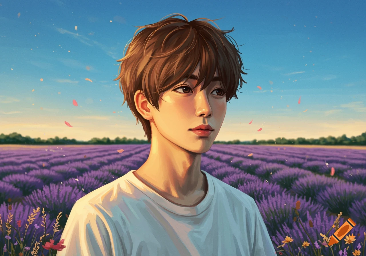 An anime-style boy with light brown hair in a white shirt stands in a vibrant purple lavender field under a blue sky.