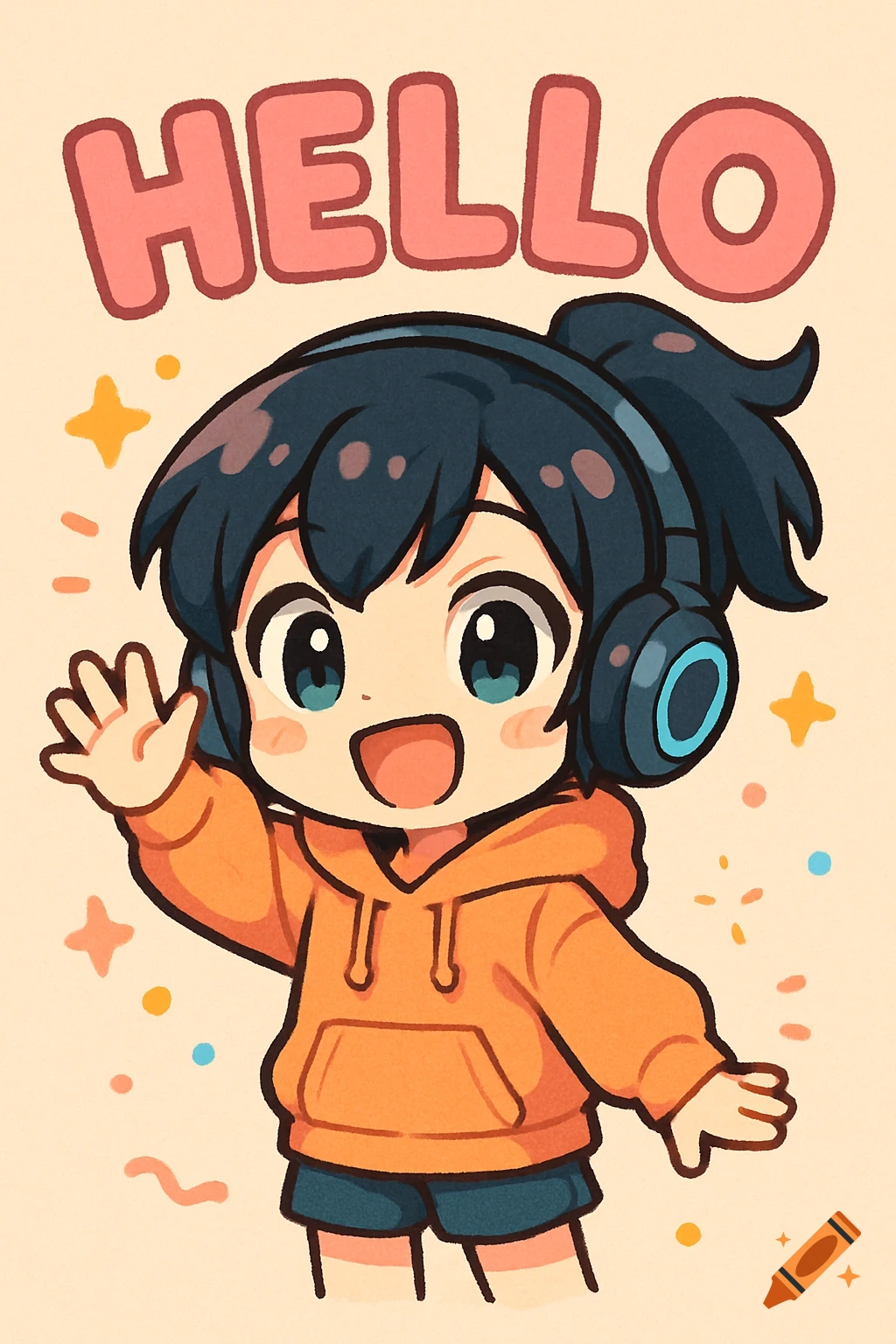 Chibi anime character with dark hair, headphones, and orange hoodie waves. "HELLO" text above in a cute illustration style.