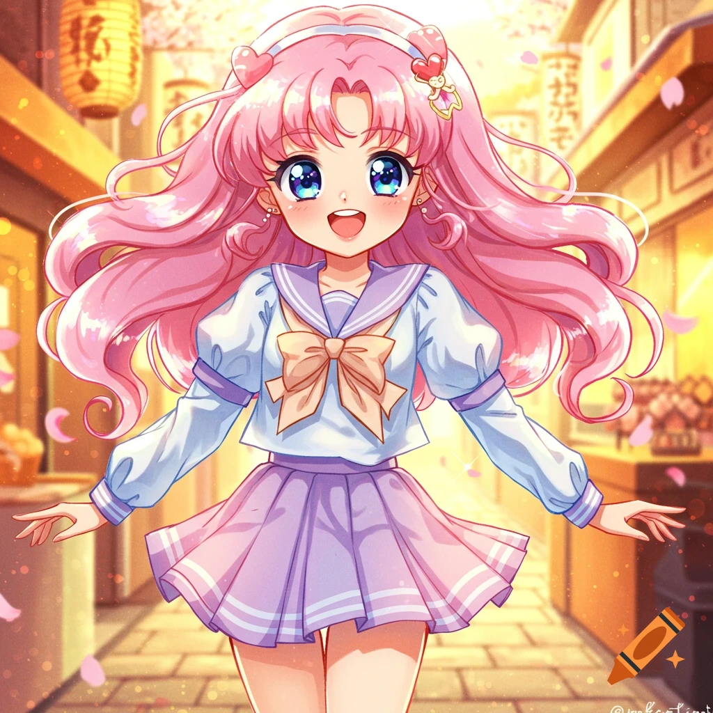 An anime girl with long pink hair and blue eyes, wearing a sailor uniform, smiles in a bustling Japanese street with cherry blossoms.