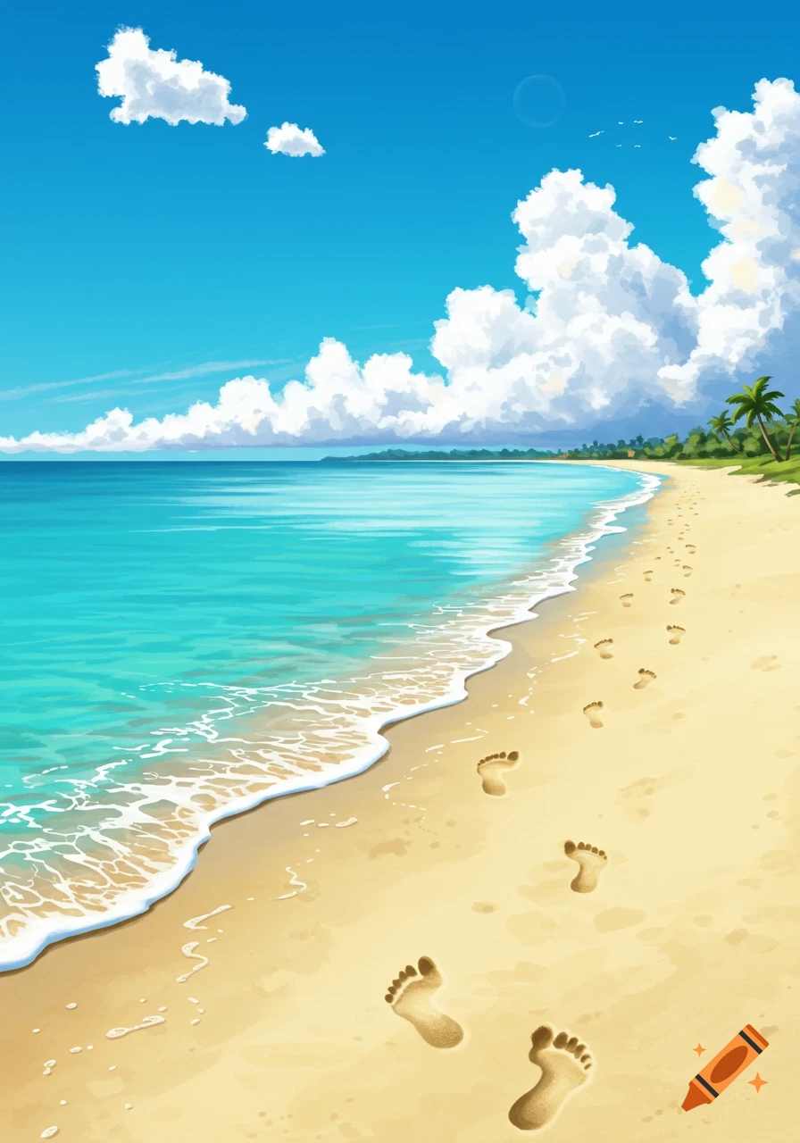 Illustrated tropical beach scene with turquoise water, white clouds, and footprints in the sand.