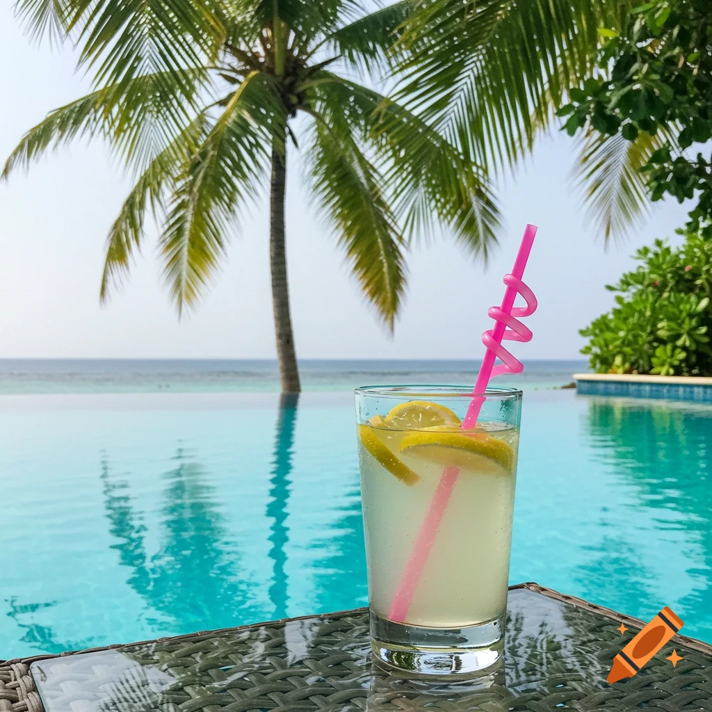 A glass of lemonade with lemon slices and a pink spiraled straw sits on a table by an infinity pool, ocean, and palm tree.