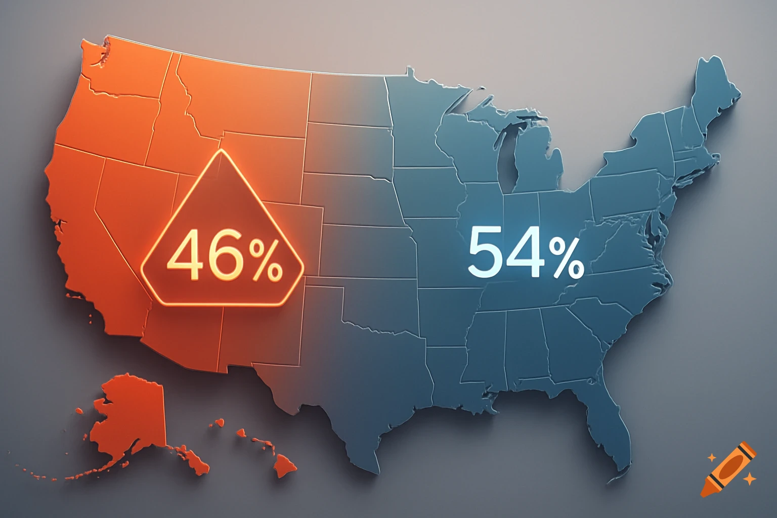 A 3D rendered map of the United States, divided into an orange western section with 46% and a blue eastern section with 54%.