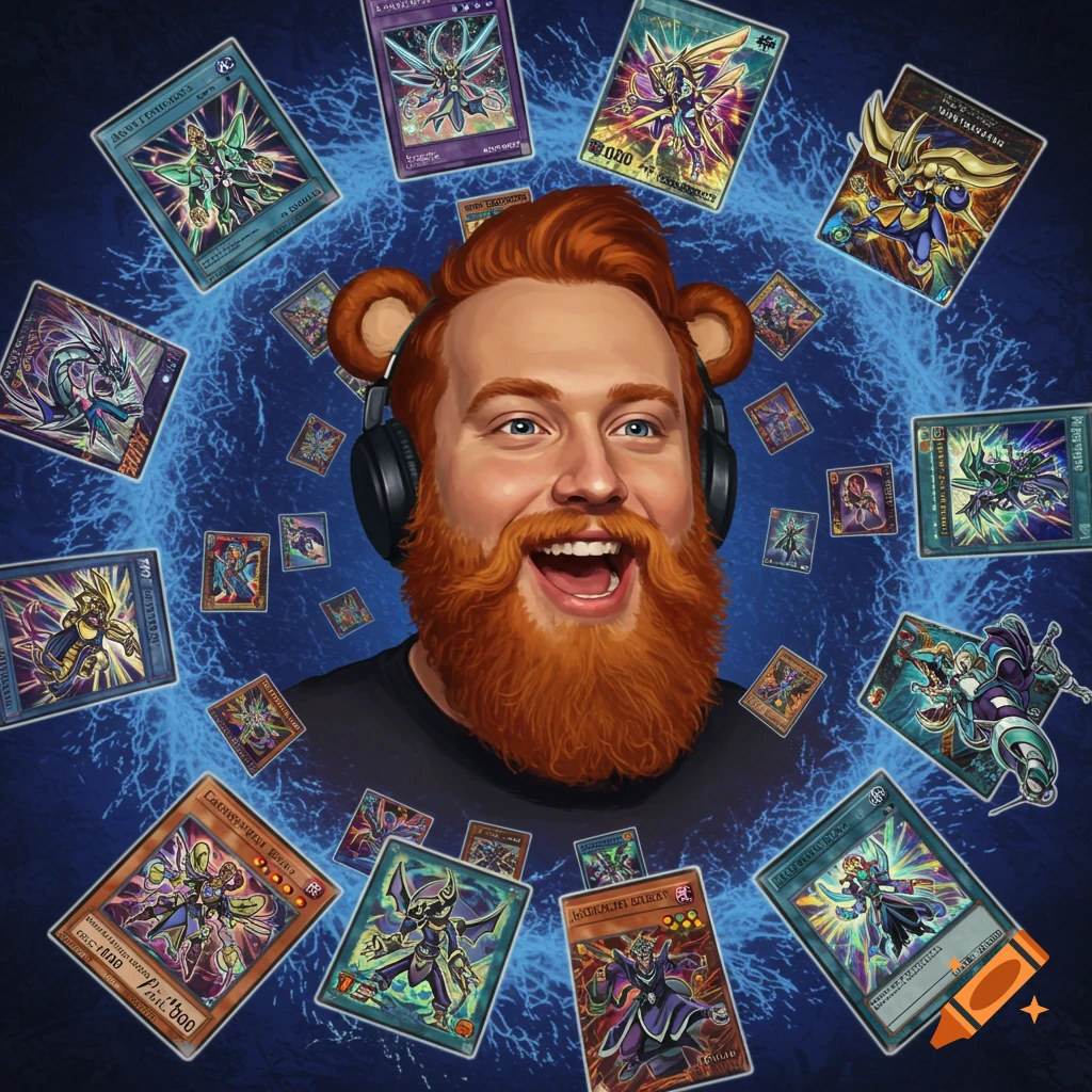 A cheerful ginger-bearded man in headphones with bear ears smiles widely, surrounded by numerous floating, stylized Yu-Gi-Oh! trading cards.