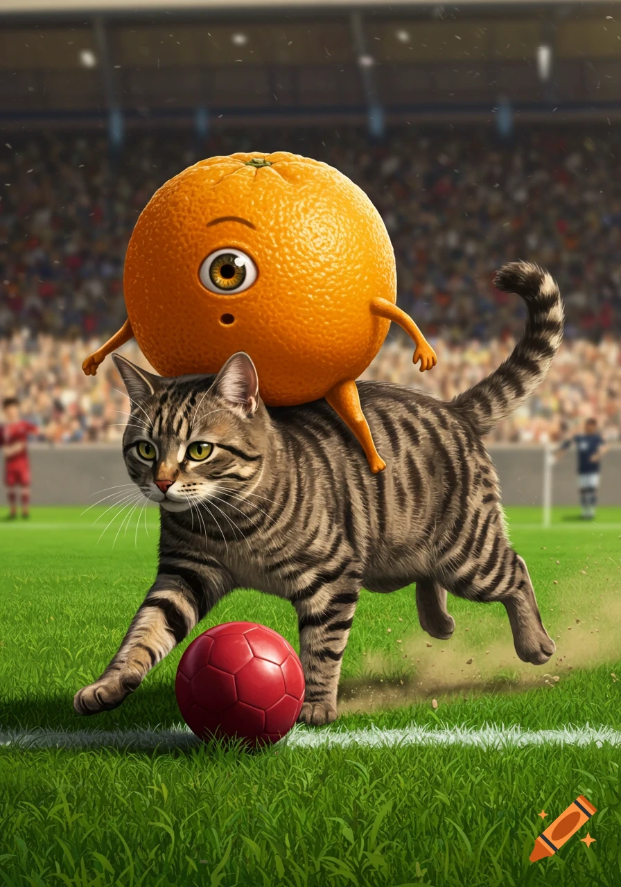 A realistic tabby cat with a cartoon orange character riding on its back runs across a soccer field with a red ball, in a stadium.