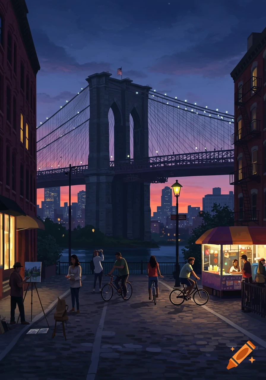 Stylized illustration of a Brooklyn street scene at dusk, with the Brooklyn Bridge in the background, people on bikes, a food vendor, and an artist painting.