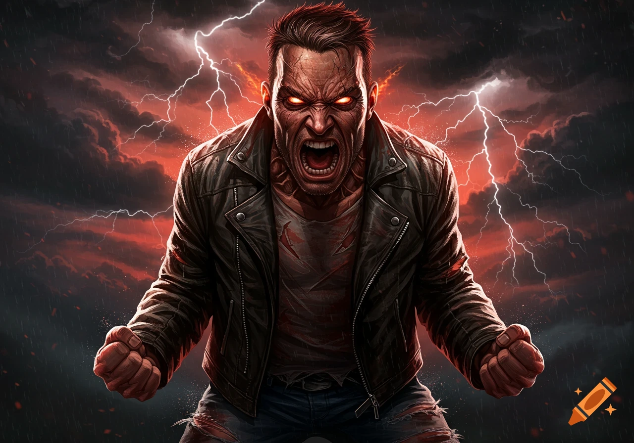 A muscular man with glowing red eyes and a leather jacket yells fiercely, with lightning striking in a dramatic red and black stormy sky, in a comic art style.