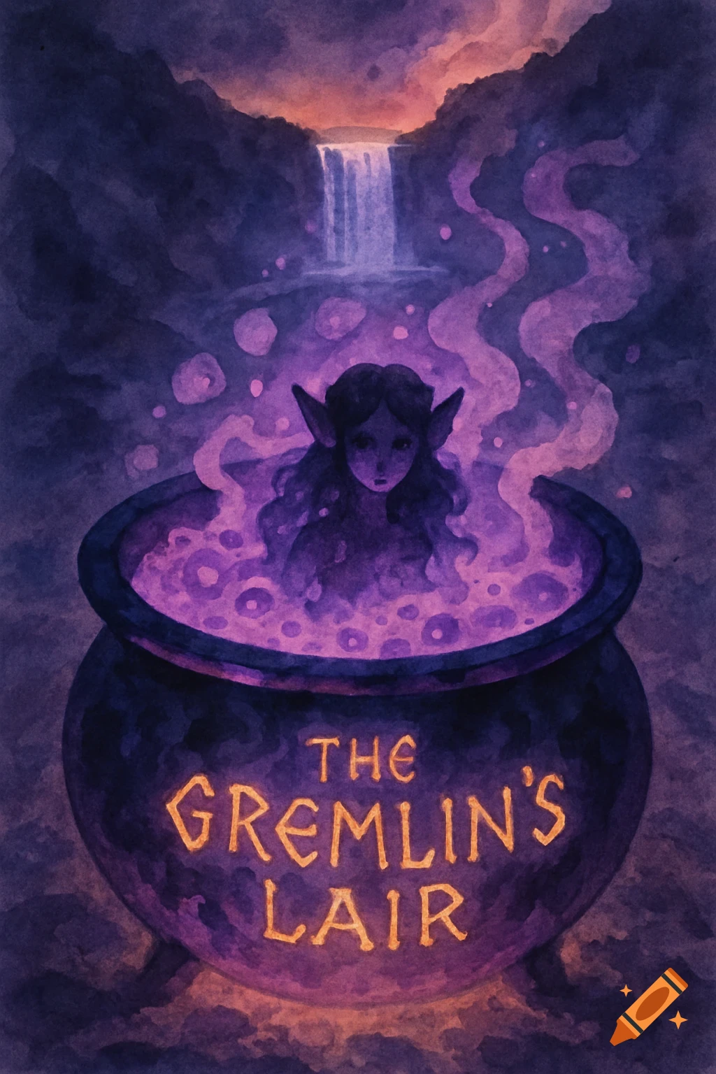 A dark fantasy watercolor illustration of a goblin in a bubbling purple cauldron with 'THE GREMLIN'S LAIR' text, set against a waterfall at dusk.