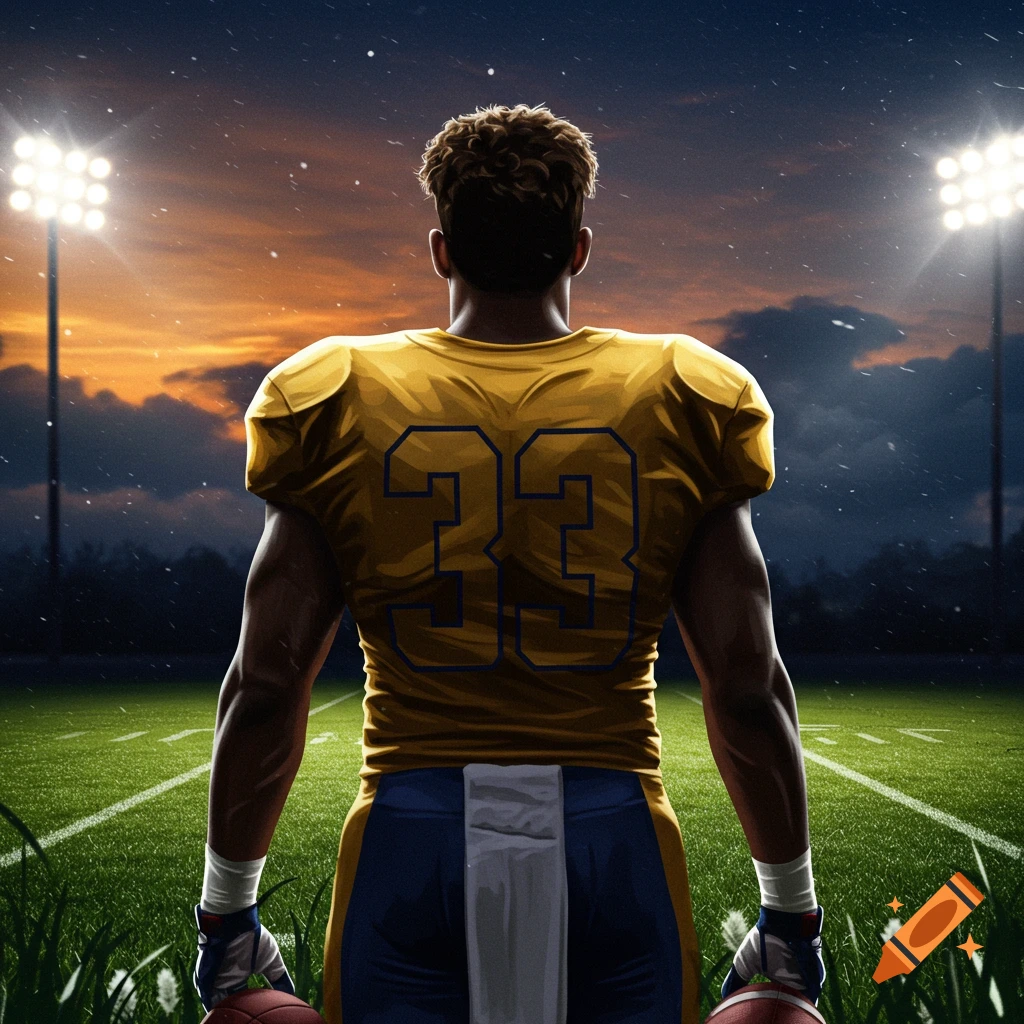 Rear view of a football player in a yellow jersey with number 33, holding two footballs on a rainy field at sunset with stadium lights.