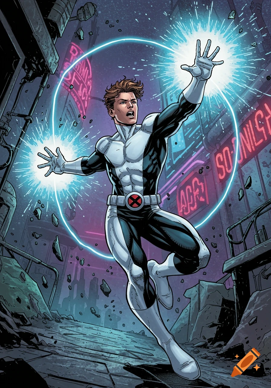 A comic book superhero in a black and white suit with an X-Men belt buckle, floating and conjuring glowing blue energy from his hands in a futuristic city.