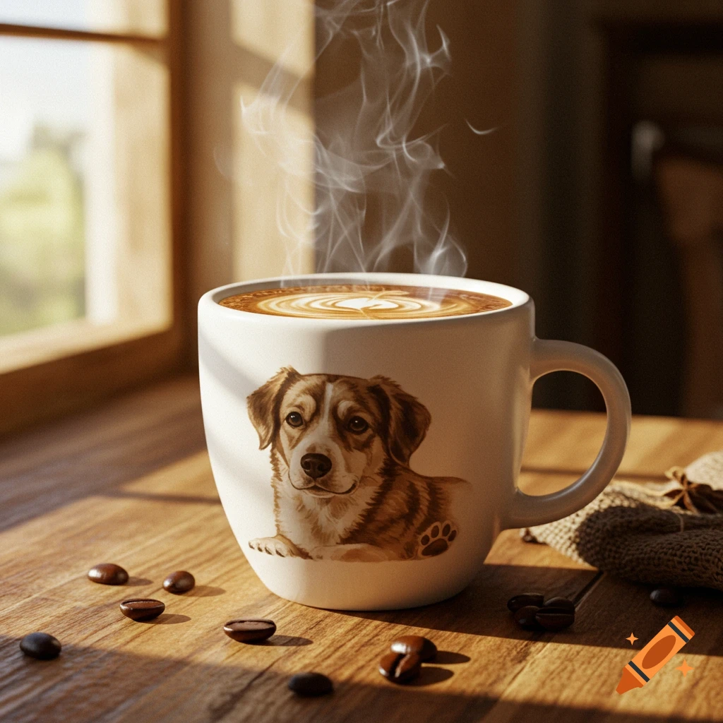 A white coffee cup with a dog and paw print, steaming hot with latte art, on a wooden table with coffee beans in sunlight.