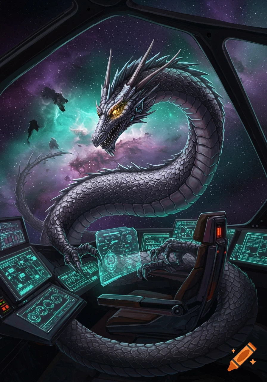 A majestic dragon with glowing eyes pilots a futuristic spaceship, its tail coiled around the controls, against a vibrant nebula backdrop.
