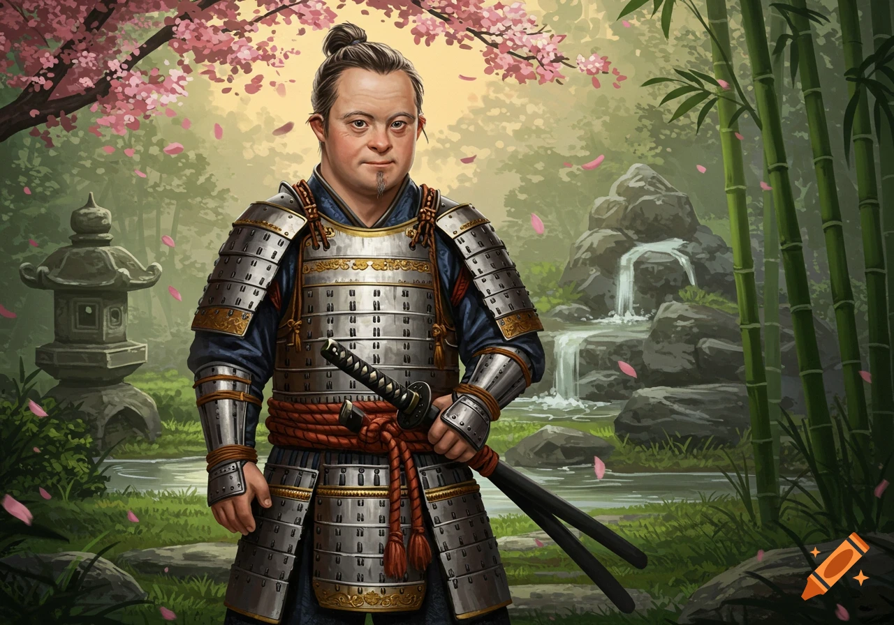 A man with Down syndrome in detailed samurai armor stands in a serene Japanese garden with cherry blossoms and bamboo.