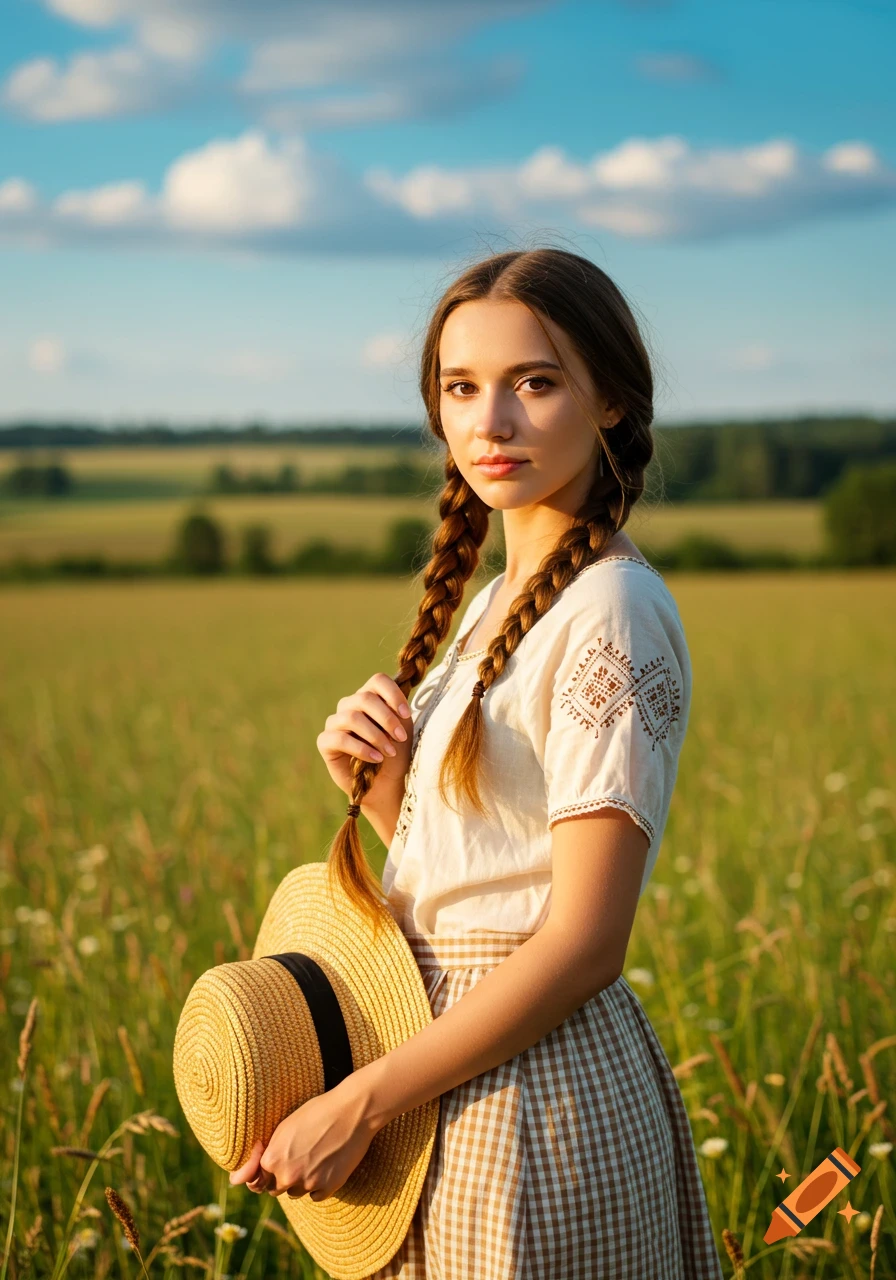 Photorealistic portrait of a young woman with braided hair, wearing a white top and plaid skirt, holding a straw hat in a sunny green field.