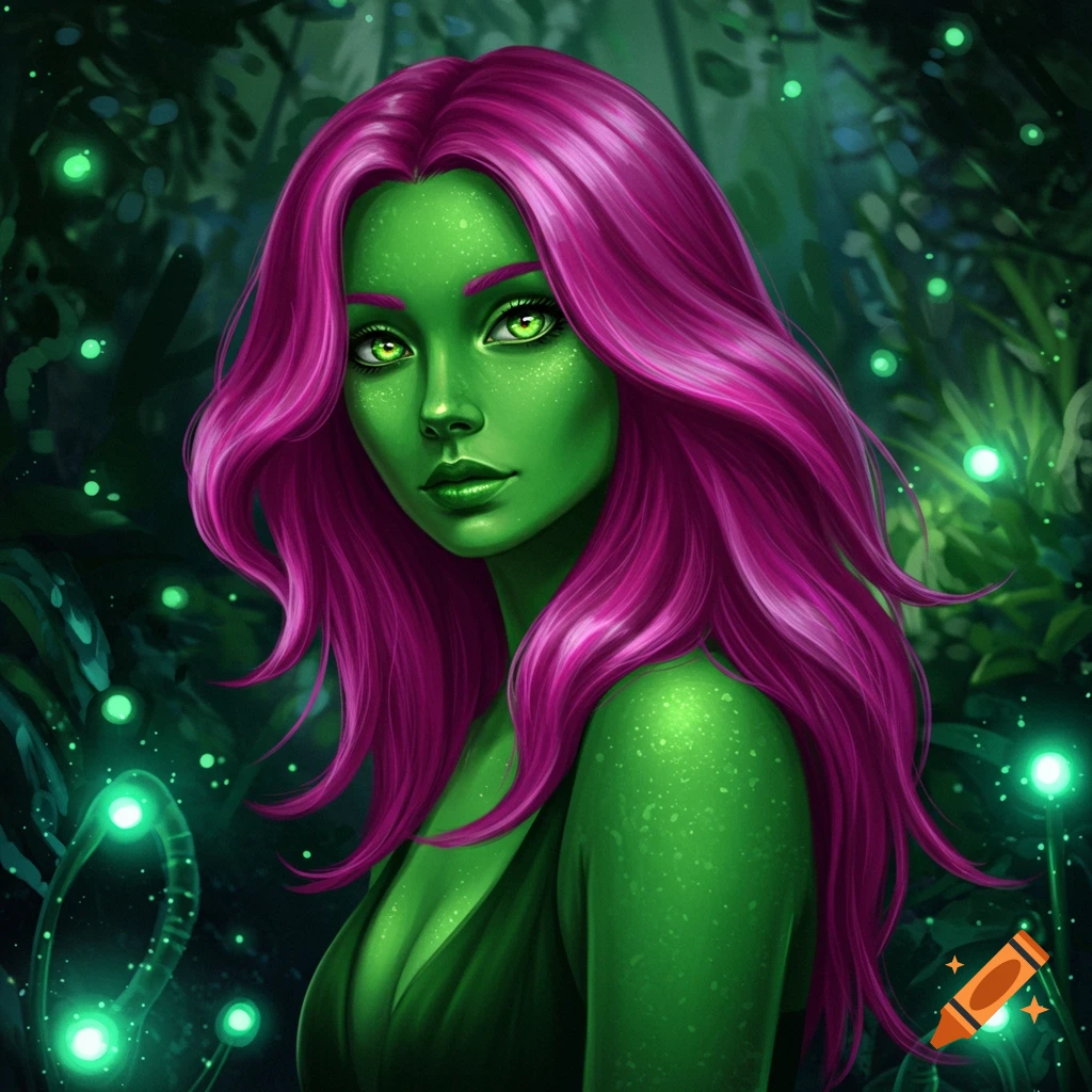 A digitally painted portrait of a green-skinned woman with flowing magenta hair and glowing emerald eyes, set against a dark, bioluminescent forest.