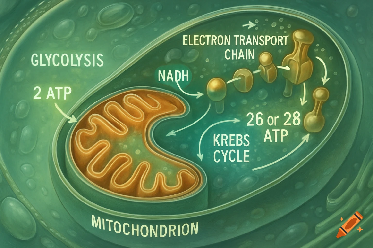 Illustrated diagram of cellular respiration, detailing glycolysis, Krebs cycle, electron transport chain, and ATP yield within a cell.
