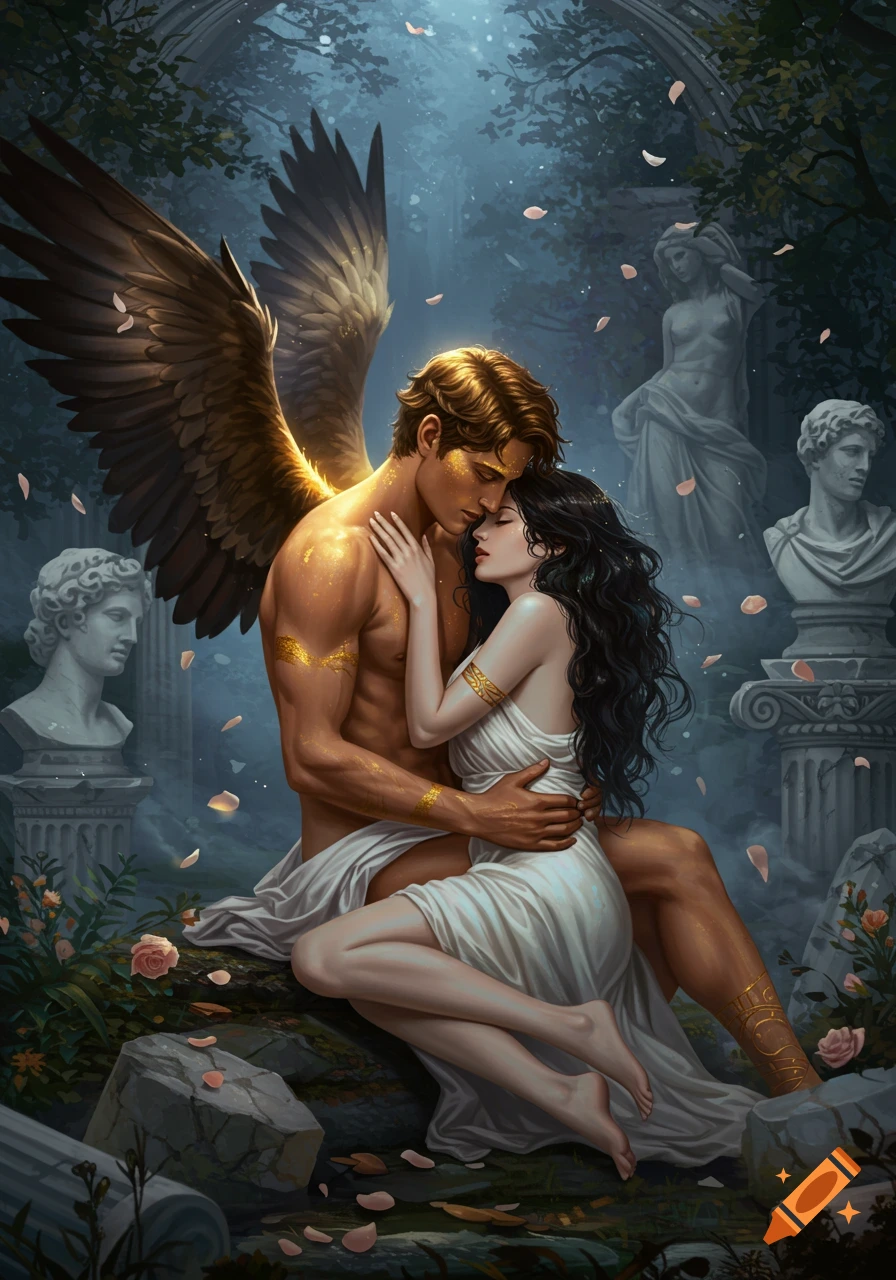 A winged man with golden accents embraces a woman in a white dress in a mystical, ruin-filled garden with statues and falling petals.