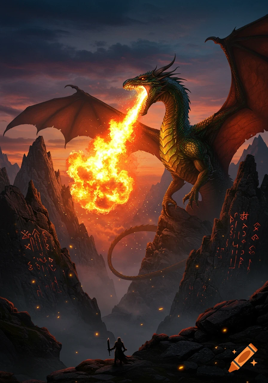 A majestic green dragon breathes a massive plume of fire over a lone figure with a sword in a dramatic mountain valley at sunset. Glowing runes are etched into the rock faces.