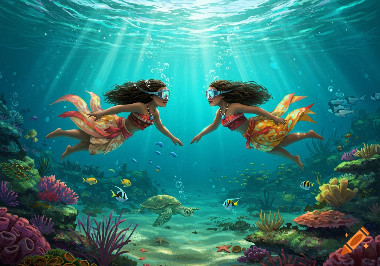 Two animated girls in goggles swim towards each other in a colorful coral reef, surrounded by fish and a sea turtle.