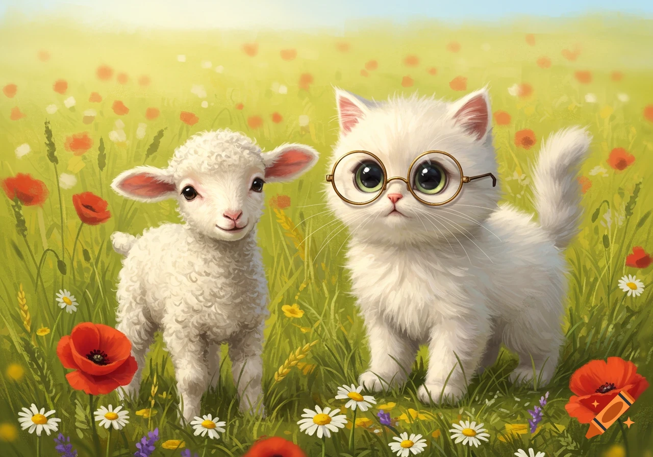A cute white cat with round glasses and a fluffy white lamb stand in a sunny field of red poppies and white daisies. Illustrative style.