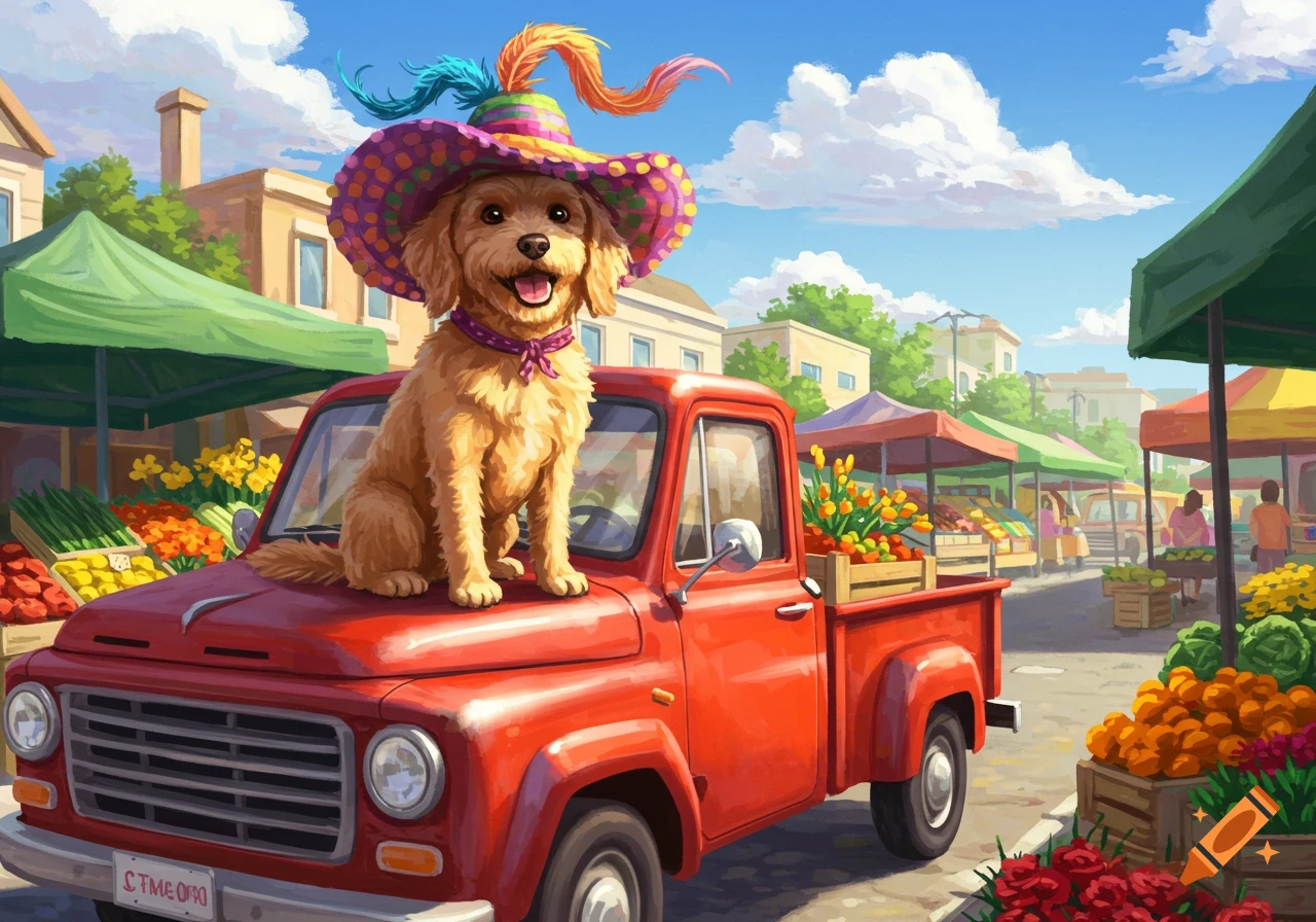 A cute golden dog in a colorful feathered hat sits on a red vintage pickup truck at a vibrant outdoor market, in a sunny illustration.