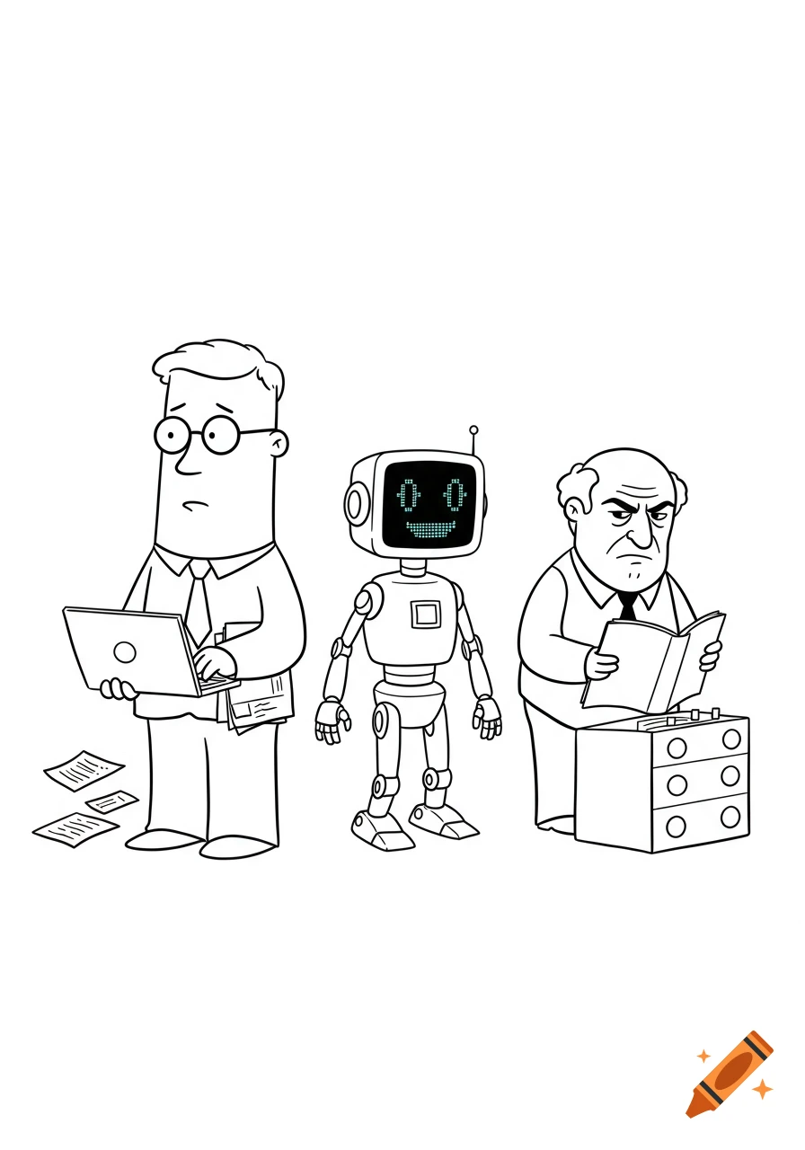Black-and-white Dilbert-style line art of an SMB owner, an AI bot, and a grumpy bookkeeper.