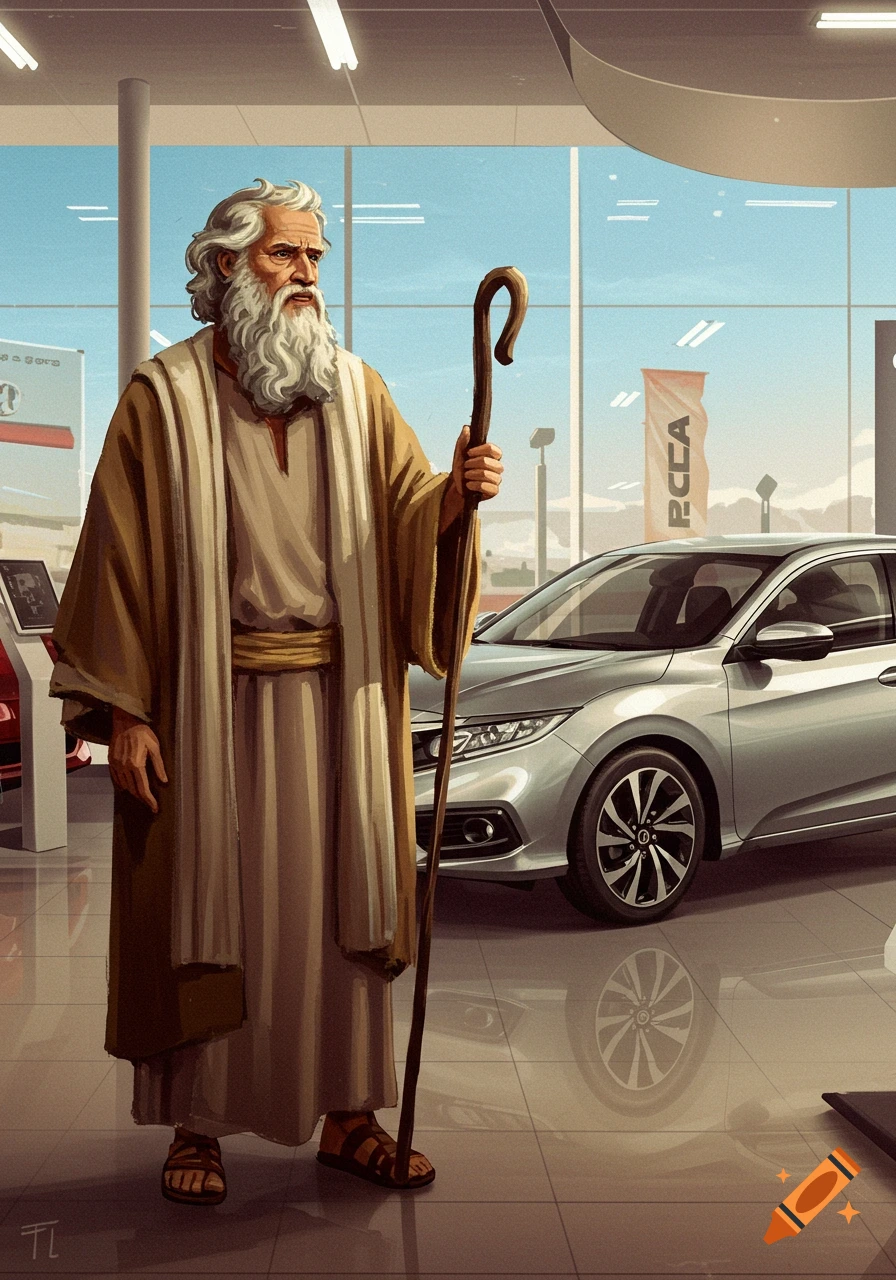 An old man resembling Moses, dressed in ancient robes and holding a staff, stands in a modern car dealership showroom next to a silver car.