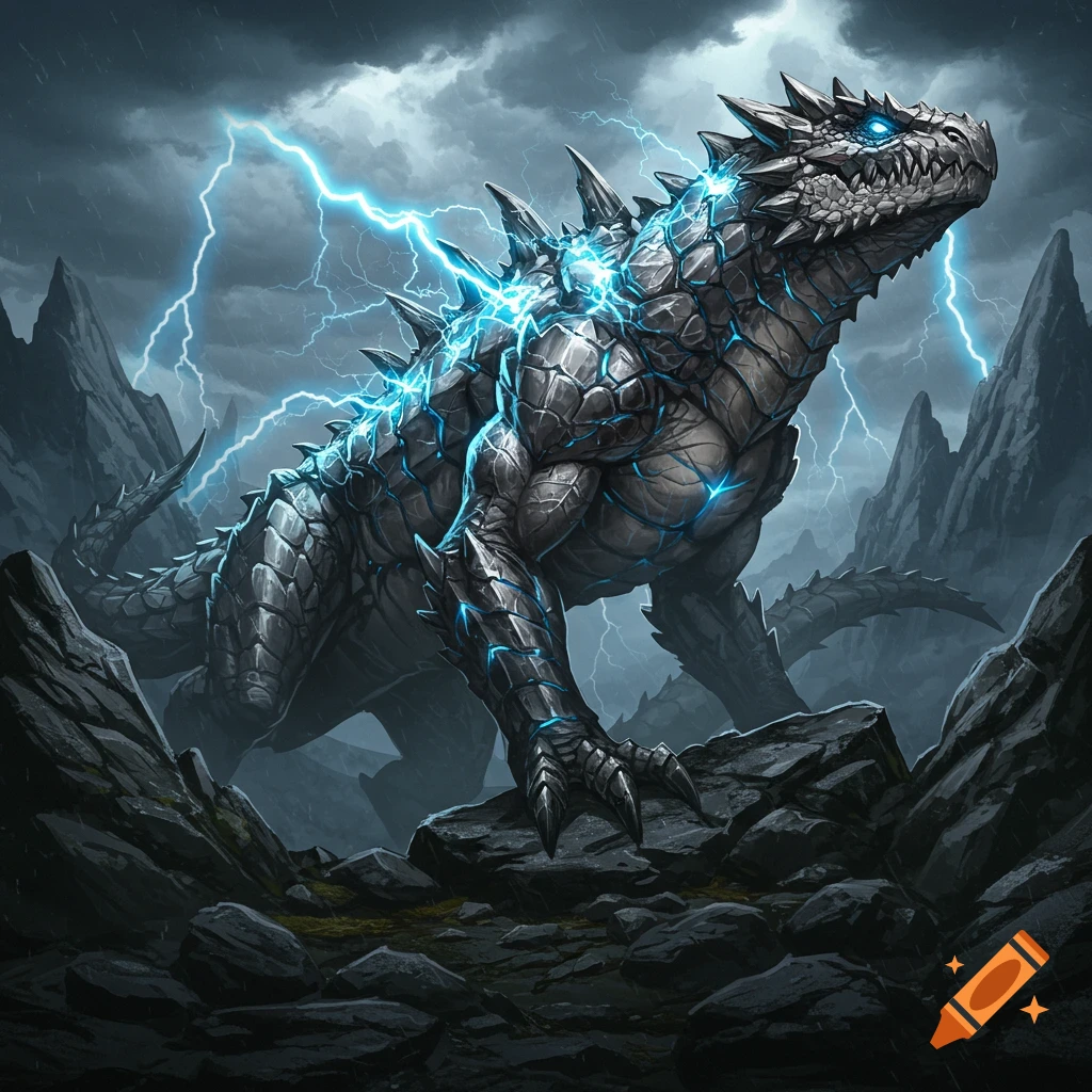 A reptilian beast with gleaming iron scales and blue lightning stands on rocks under a stormy sky.