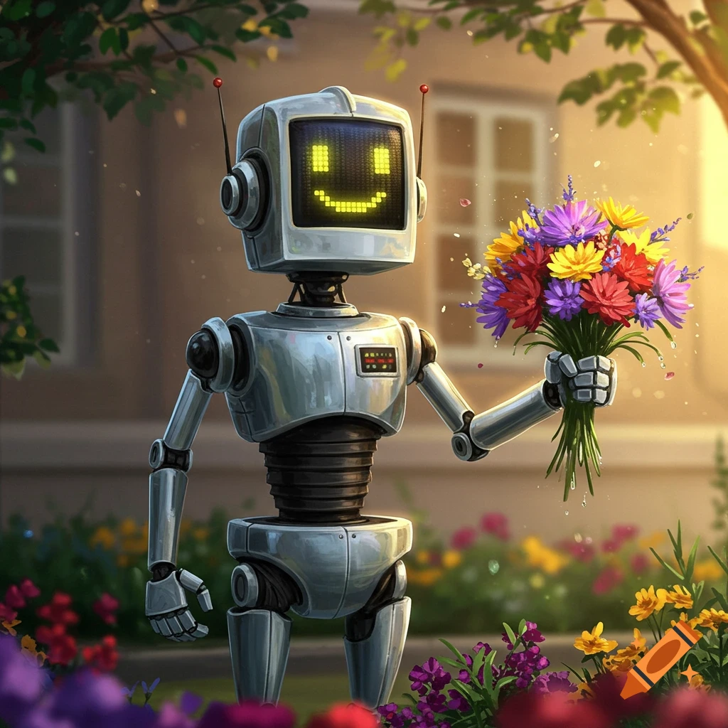 A friendly robot with a smiling pixelated face holds a vibrant bouquet of colorful flowers in a sunny garden.