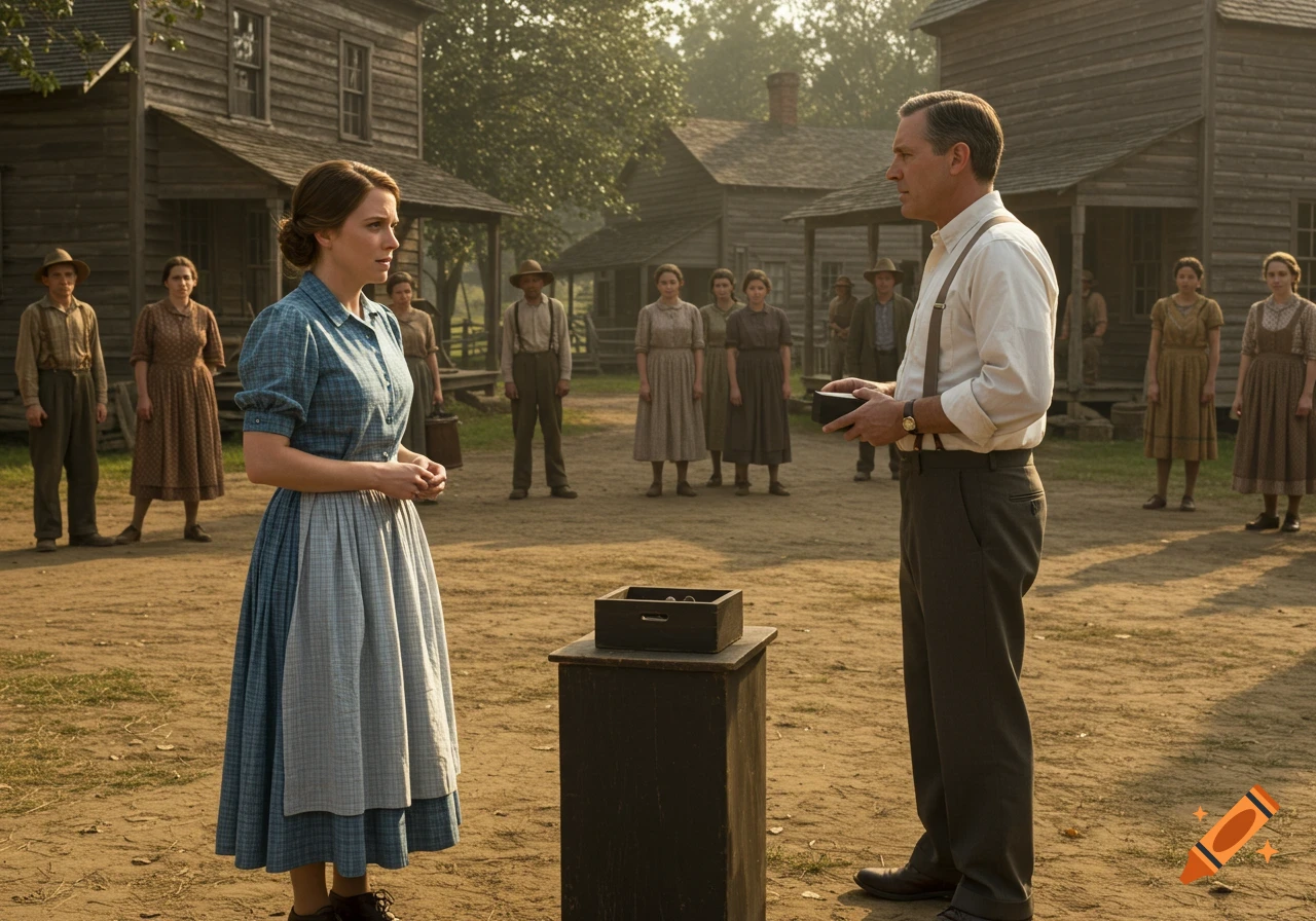 A photorealistic scene of a man holding a black box and a woman in a dress facing each other in a rural village square, surrounded by villagers.