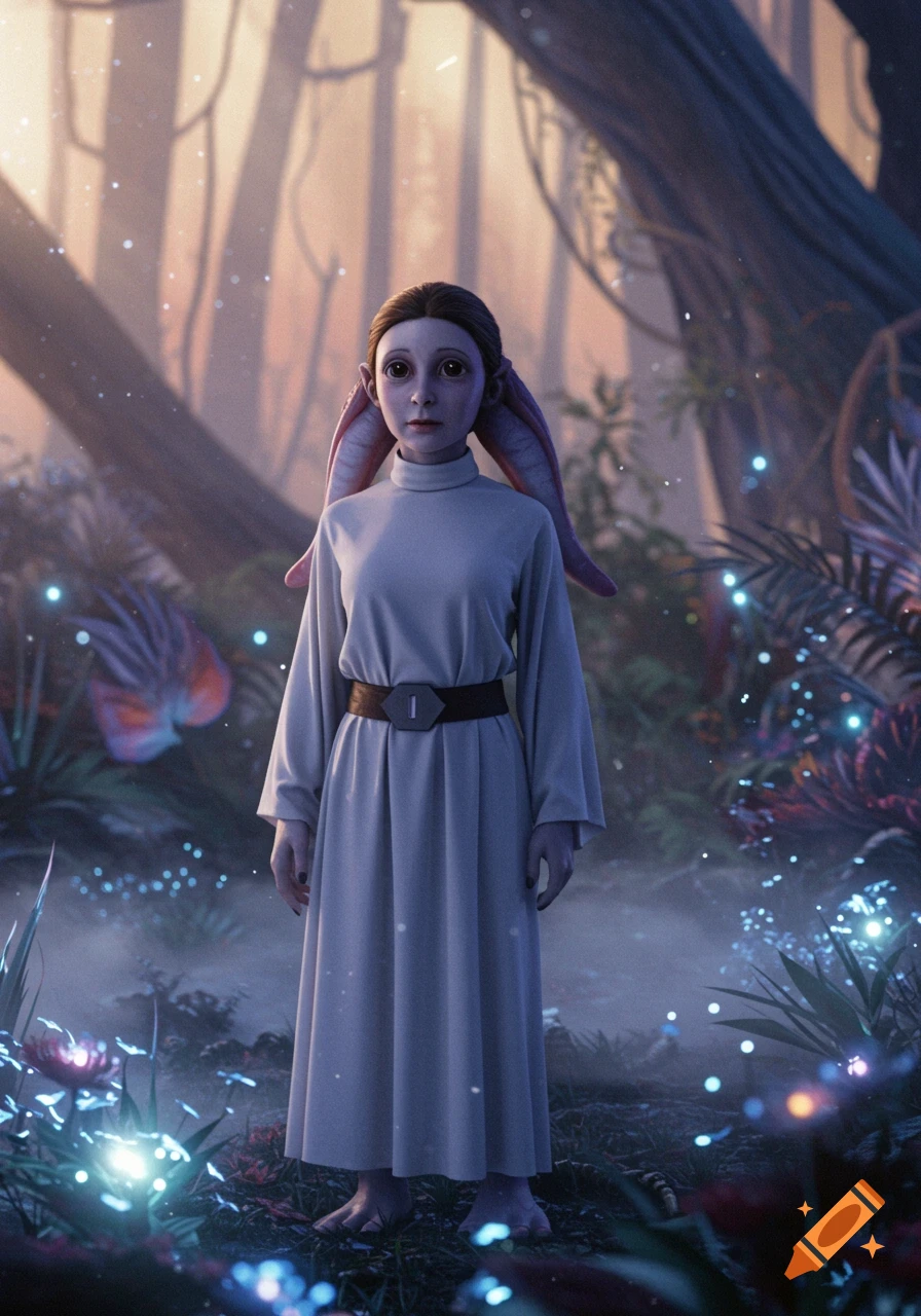 A photorealistic alien child with large ears, wearing a light robe and belt, stands in a mystical forest with glowing plants.
