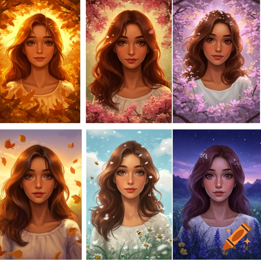Six digital art portraits of a brown-haired girl surrounded by autumn leaves, cherry blossoms, daisies, and lavender.