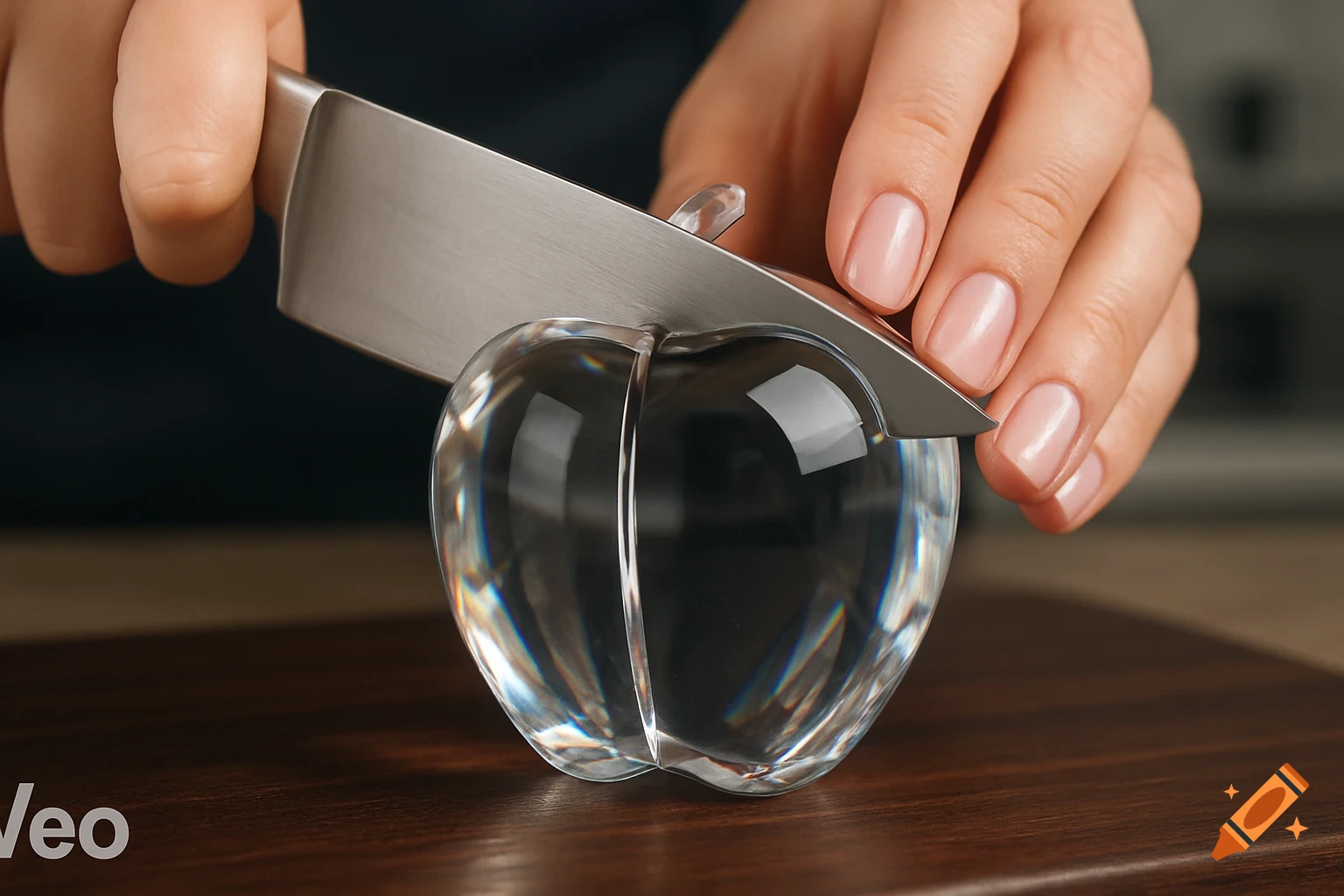 A person's hands hold a knife, poised to slice a clear, sparkling crystal apple on a dark wooden surface.