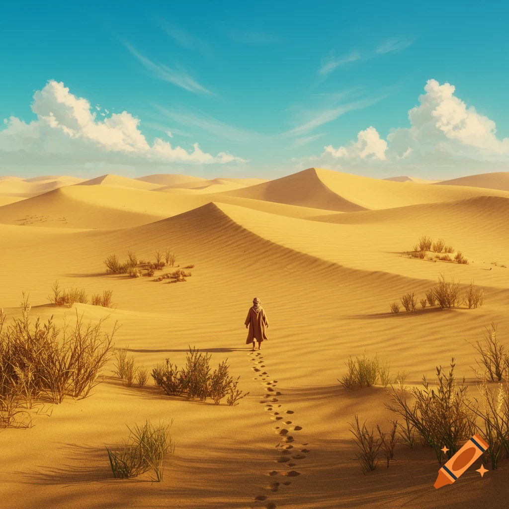A person in a long robe walks across vast, sunlit sand dunes, leaving footprints behind, under a blue sky with white clouds.