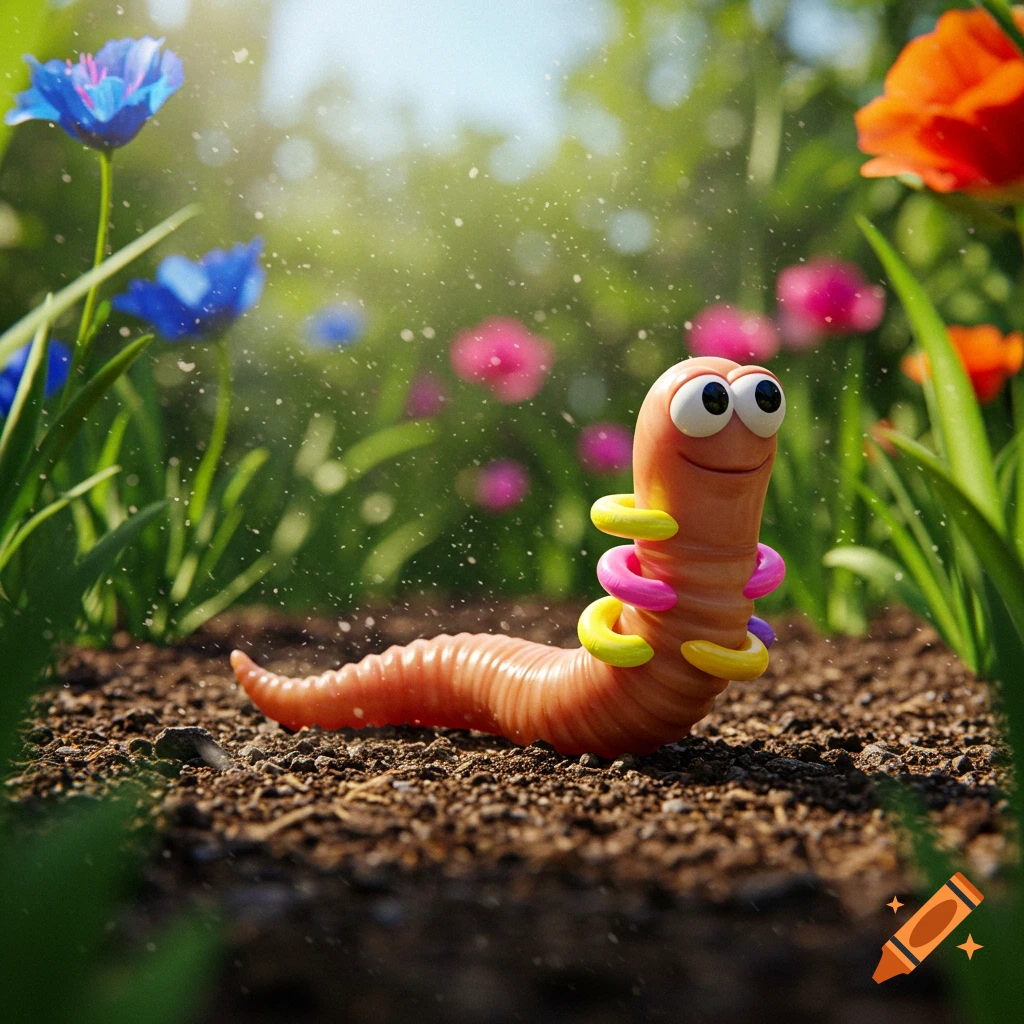 A cute, smiling cartoon ground worm wearing colorful pool floats on soil in a sunny garden with blurred flowers.