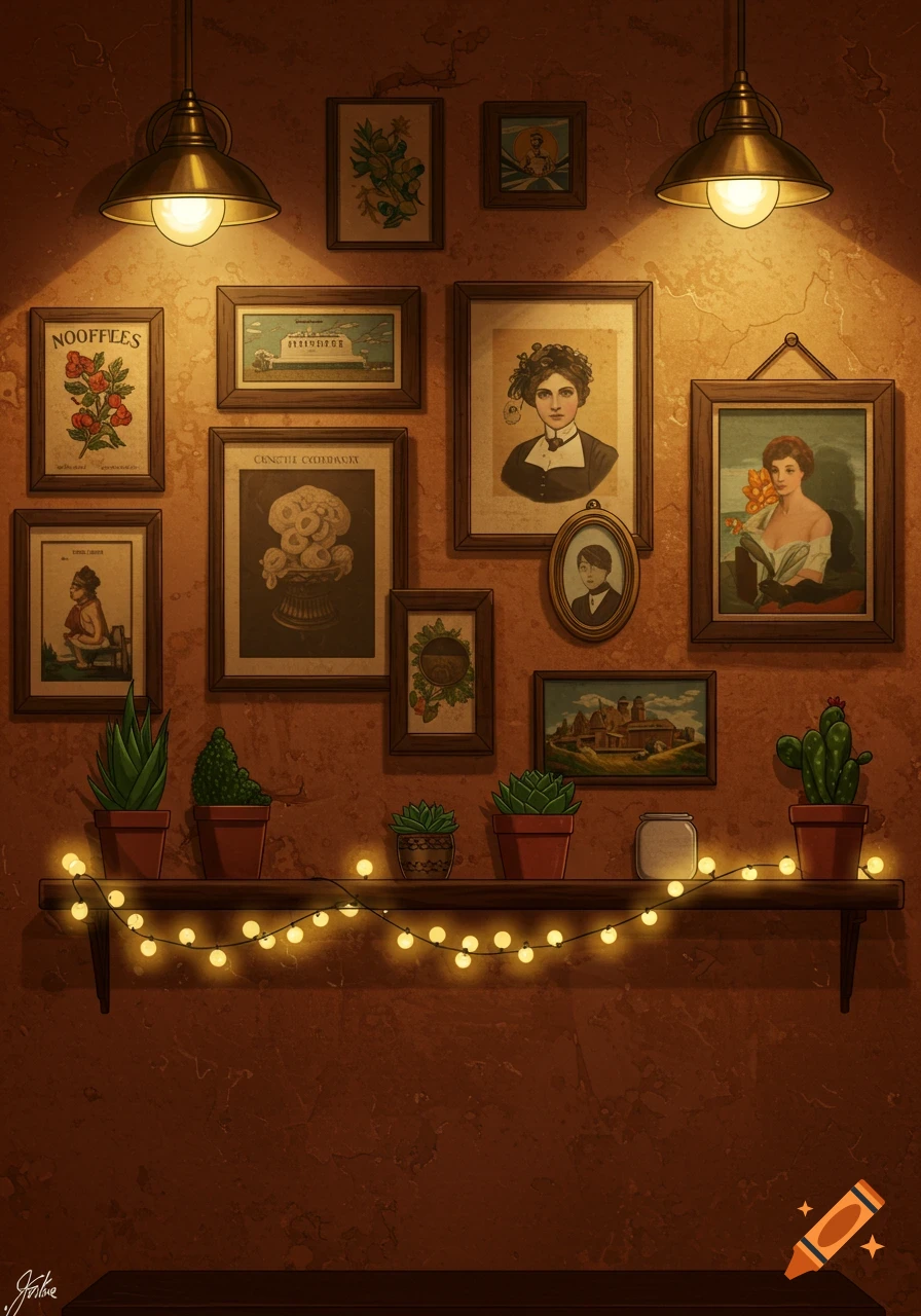A rustic interior wall with various framed pictures, potted succulents, and a string of warm fairy lights on a wooden shelf, lit by overhead lamps.