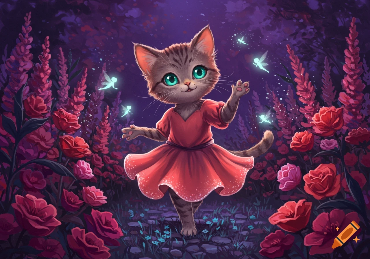 A cute cartoon cat in a red dress dances among glowing fairies and pink flowers in a mystical purple forest.
