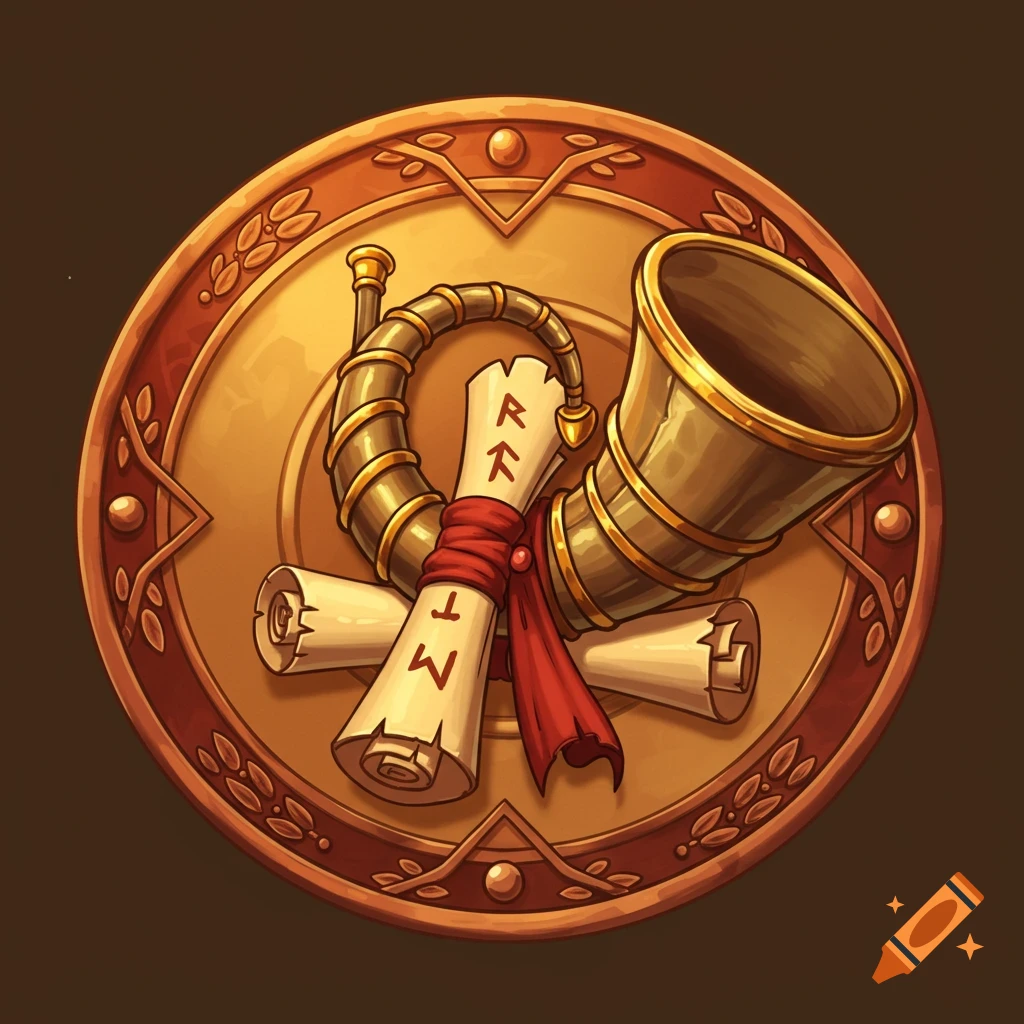 A warm cartoon-style golden herald token featuring a curled horn, two scrolls with rune-like symbols, and a red ribbon, all on a patterned shield.