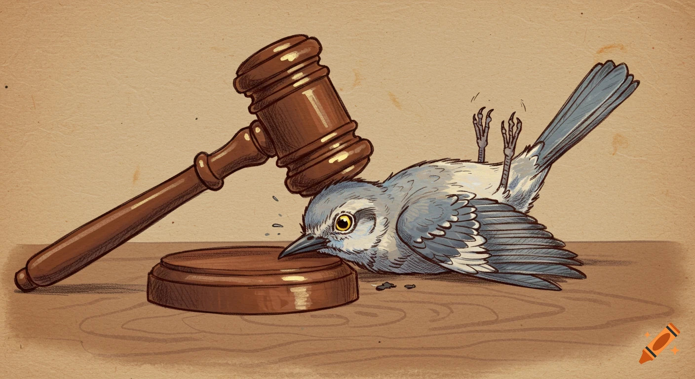 Hand-drawn illustration of a blue bird crushed by a wooden gavel on a table.