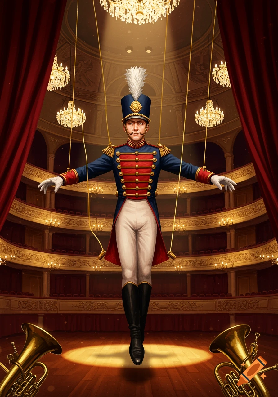 A marionette in a blue and red military band uniform with a feathered hat stands on a spotlighted theater stage, surrounded by chandeliers.