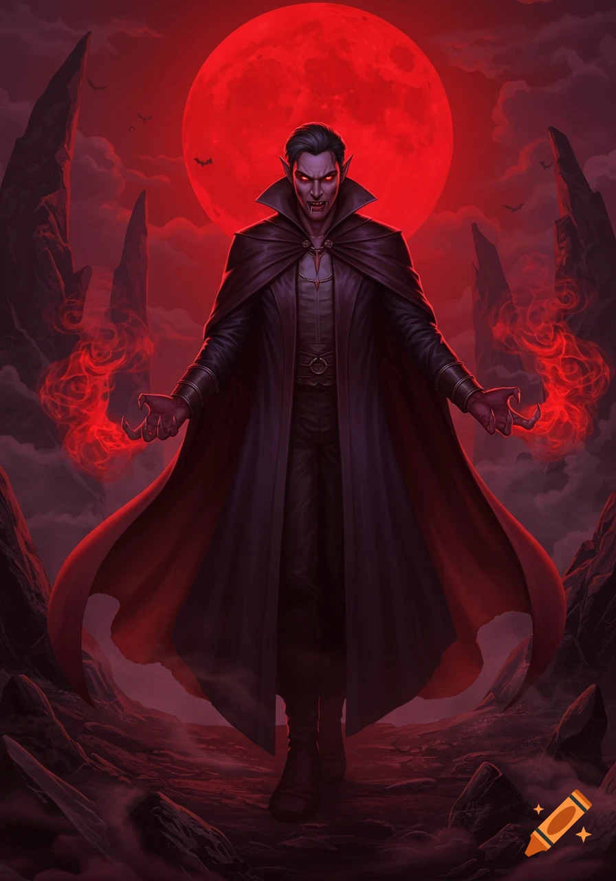 Menacing male vampire with glowing red eyes, fangs, and a dark cape, emanating red energy under a blood-red moon in a rocky landscape.