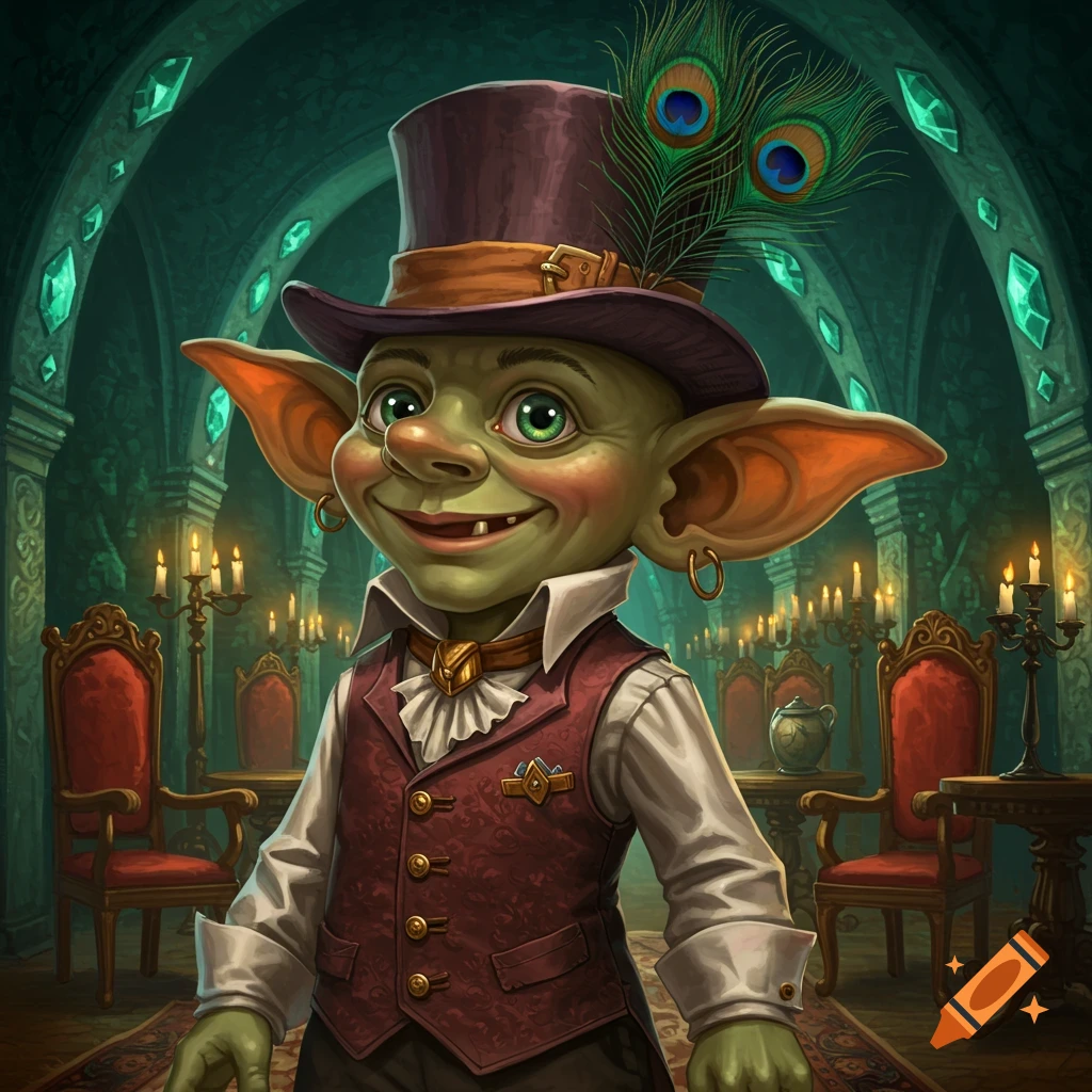 A dapper goblin with a top hat and peacock feather, wearing a maroon waistcoat, smiles in an ornate, crystal-lit room.