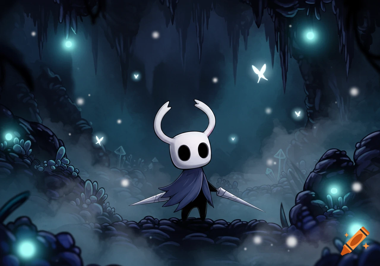 The Knight from Hollow Knight stands in a mystical, glowing blue cave with stalactites, glowing fungi, and floating butterflies.