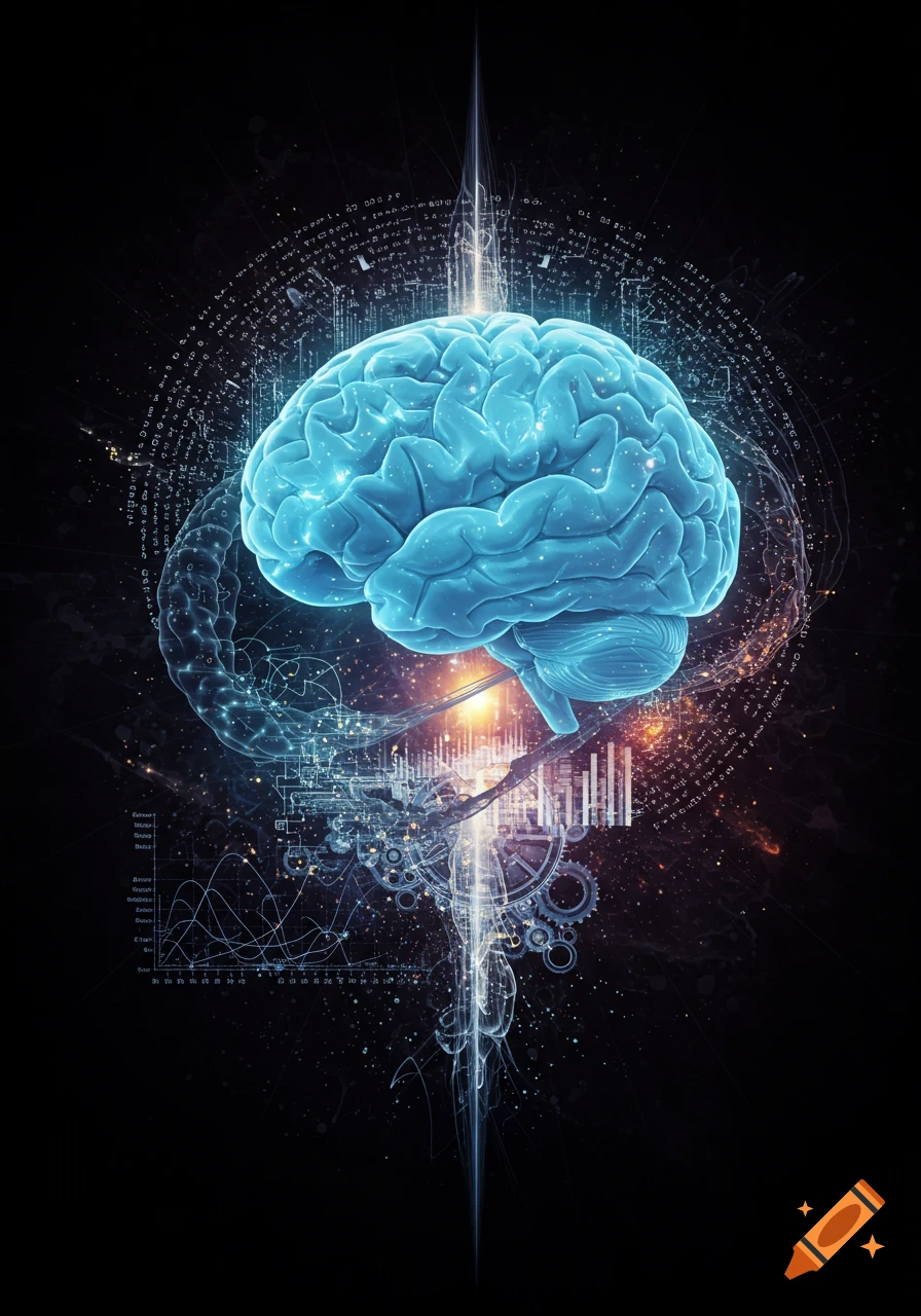 A glowing blue brain surrounded by swirling data, abstract lines, charts, and mechanical gears, depicting analytical thought.