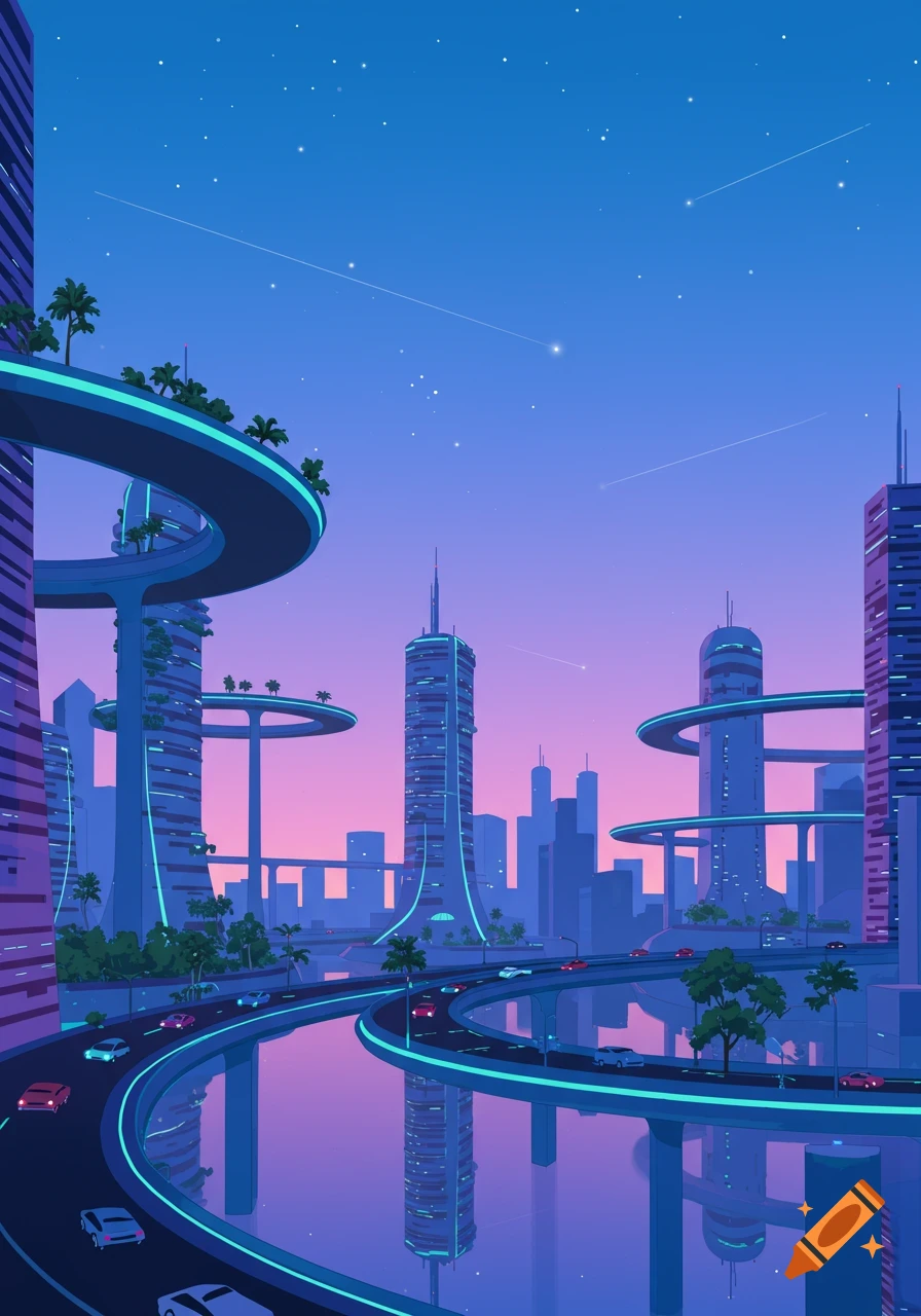 Vibrant retro-futuristic city with glowing skyscrapers, elevated roads, cars, and water reflections under a pink and blue sky.
