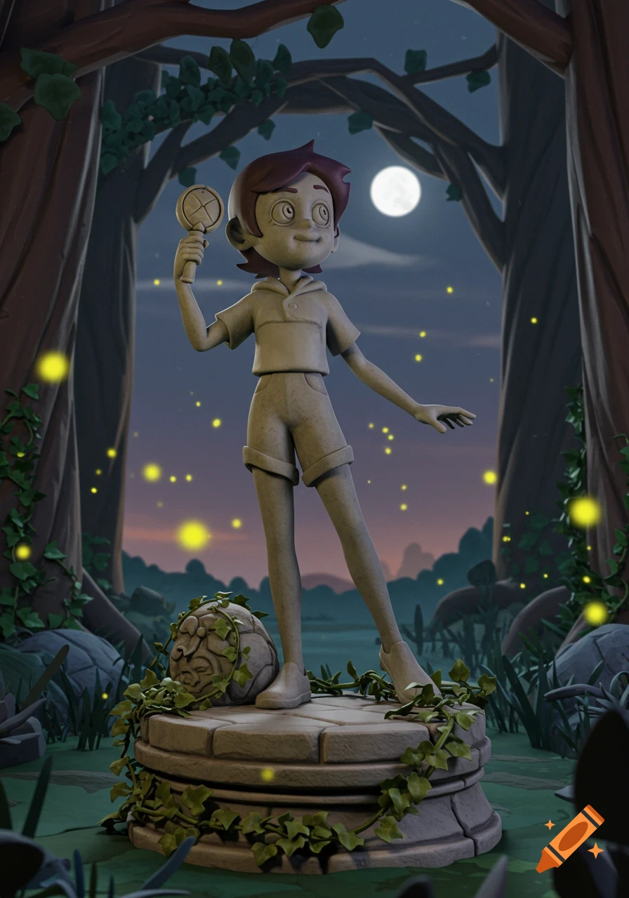 A 3D render of a stone statue of Luz from The Owl House, holding a round object, in a mystical forest at night with fireflies and a full moon.