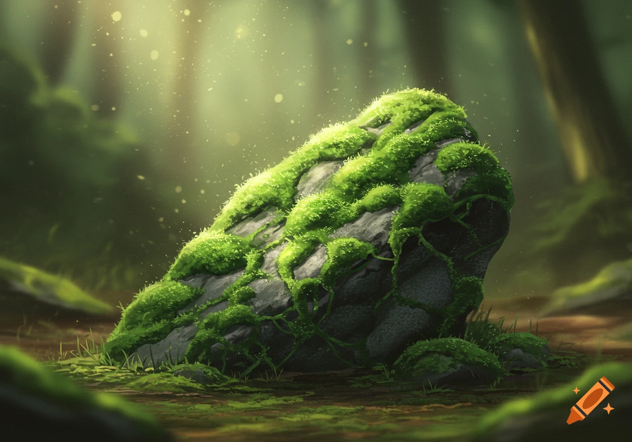 An illustrated moss-covered stone on a forest floor, with ethereal light filtering through the trees, in a fantasy style.