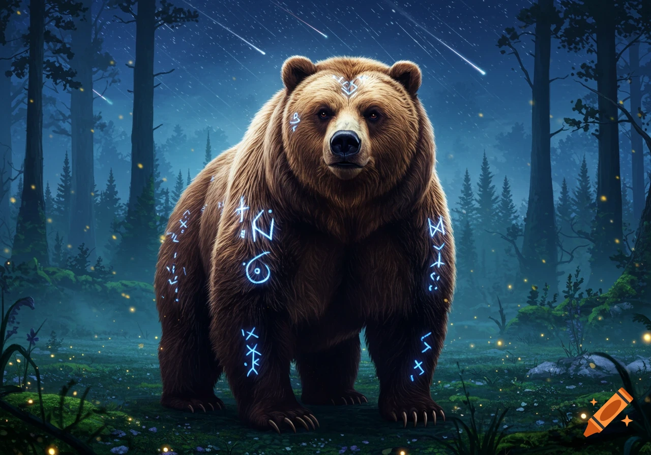 A majestic brown bear with glowing blue mystical runes on its fur stands in a dark, magical forest under a starry night sky with shooting stars, in a digital painting style.