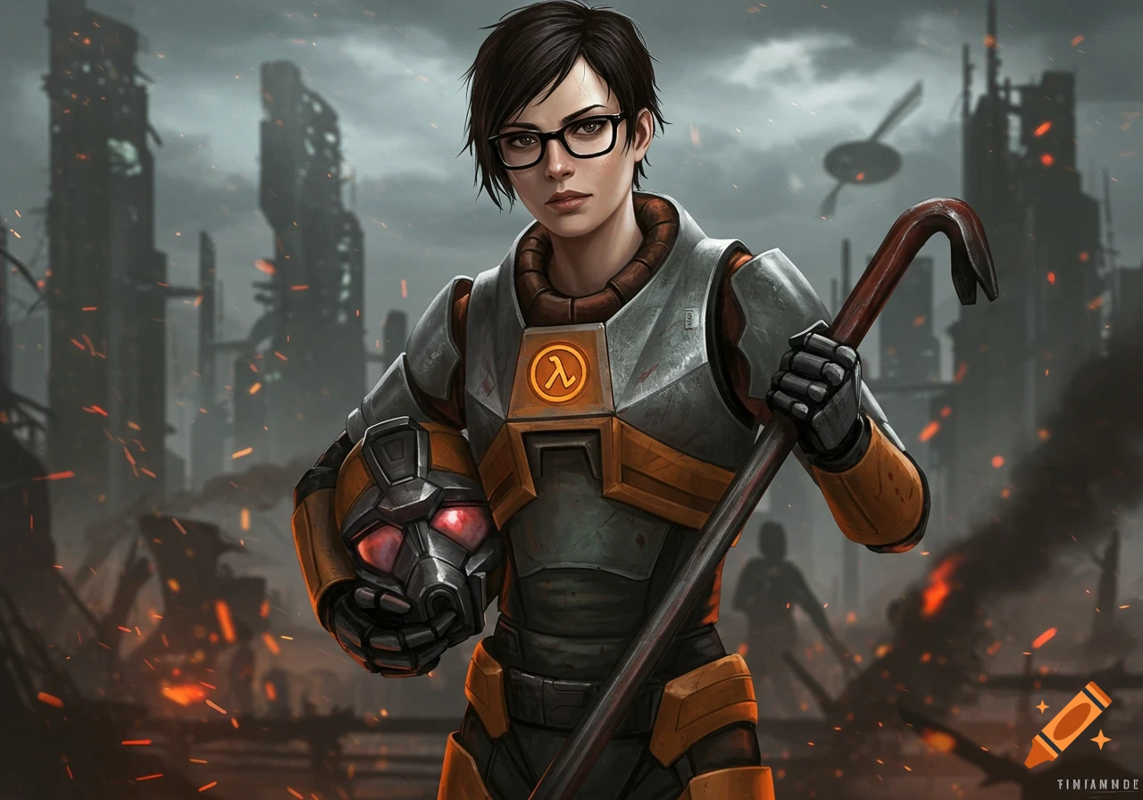 A female Gordon Freeman in a HEV suit holds a crowbar and helmet in a war-torn city, digital painting.