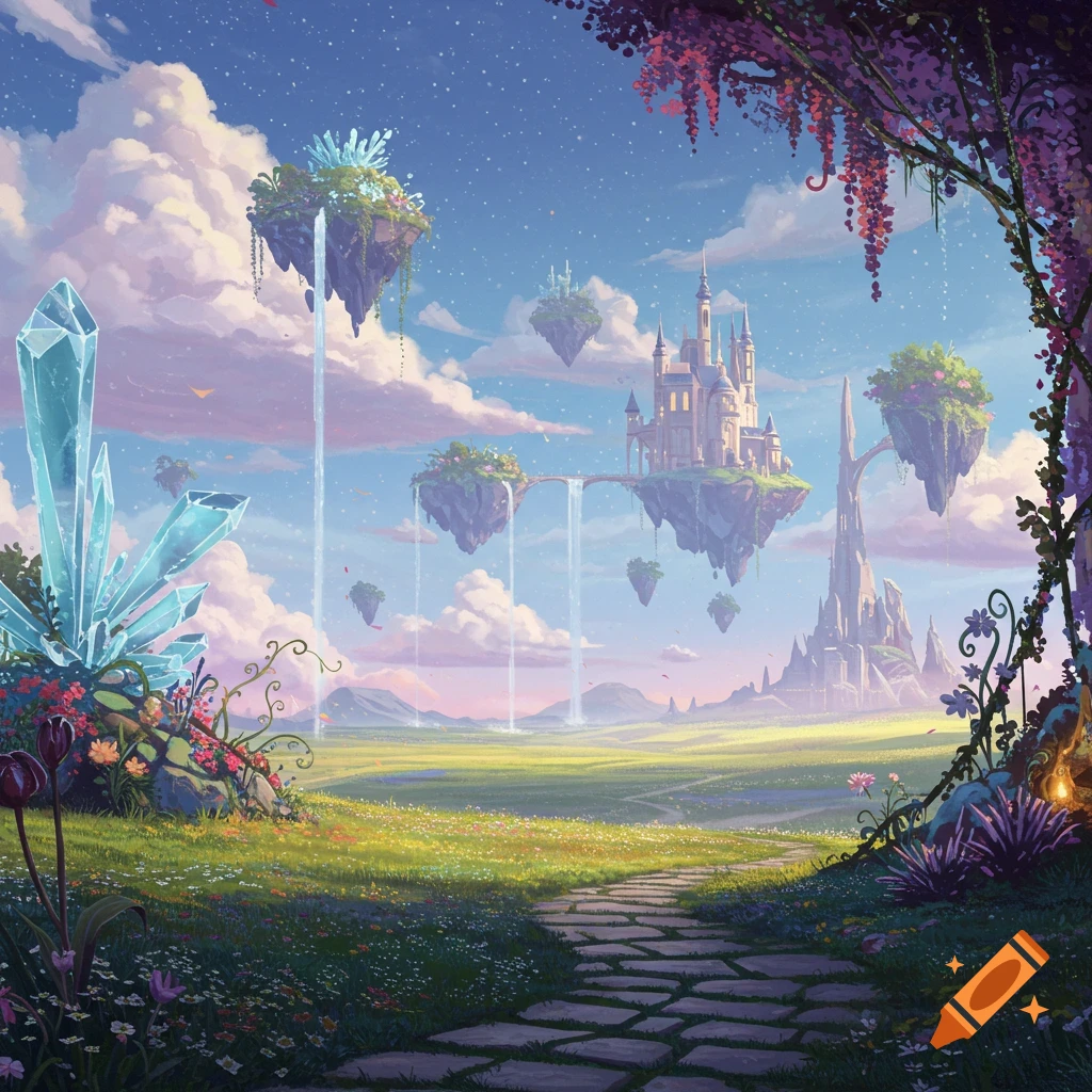 Vibrant fantasy landscape with floating islands, a majestic castle, sparkling blue crystals, and a path winding through a flowery meadow.